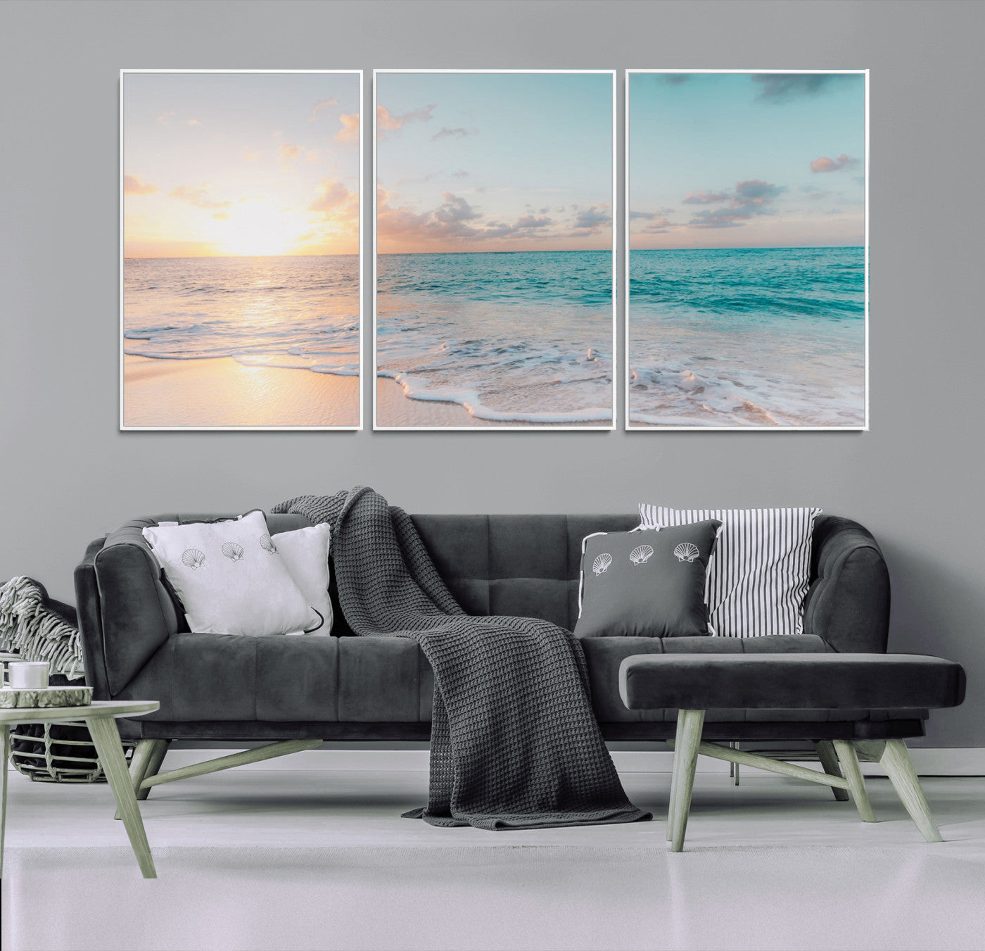 MGV-FC-60X30-3P - Tranquil Ocean Beach Sunset Canvas Wall Art | 3-Panel Coastal Decor