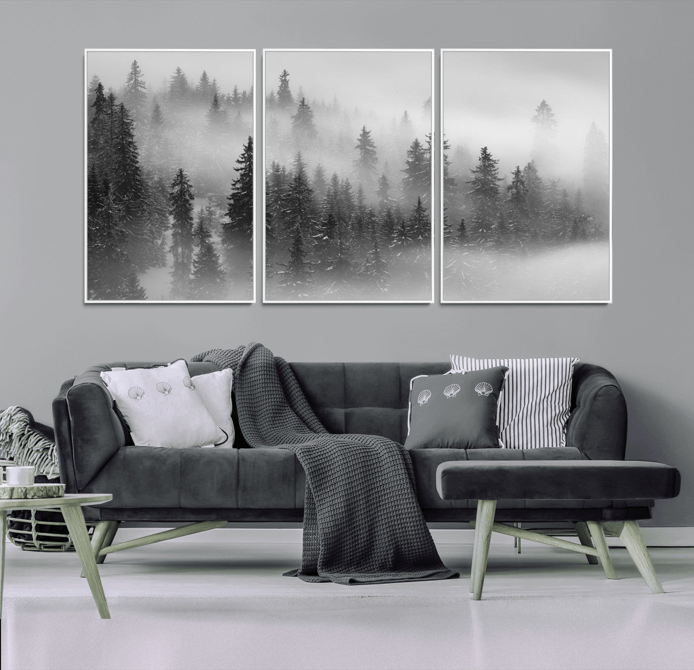 MGV-FC-60X30-3P - Foggy Misty Forest Canvas Wall Art – Black and White Landscape – Framed and Ready to Hang Modern