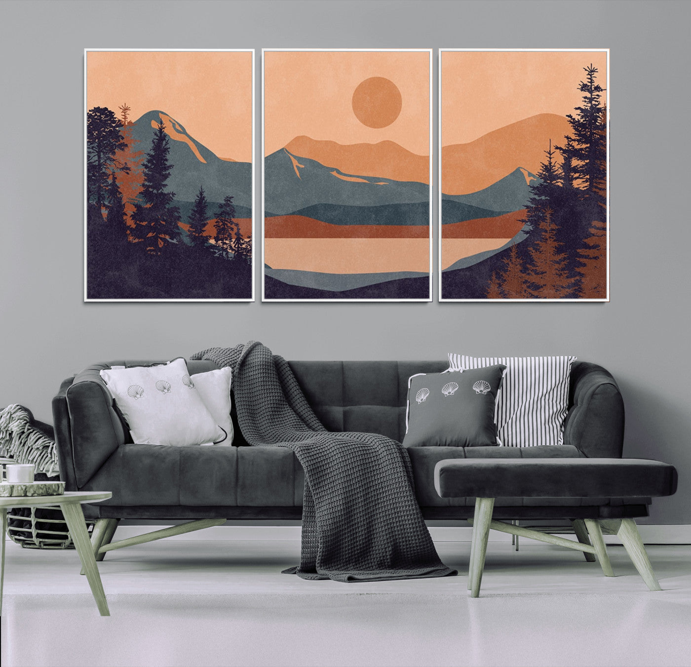 62795-MGV-CV-36X24-Modern Boho Sunset Canvas Print, Mountain Landscape Triptych – Giclée Canvas Art Print for Living