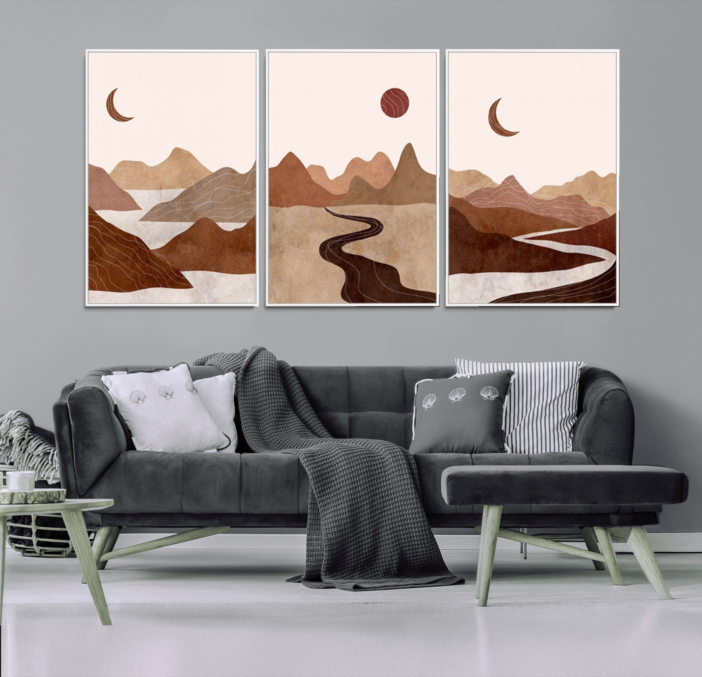 MGV-FC-60X30-3P - Boho Wall Art Canvas Print Set Mid-Century Prints Bohemian Wall Artwork Prints Boho Neutral