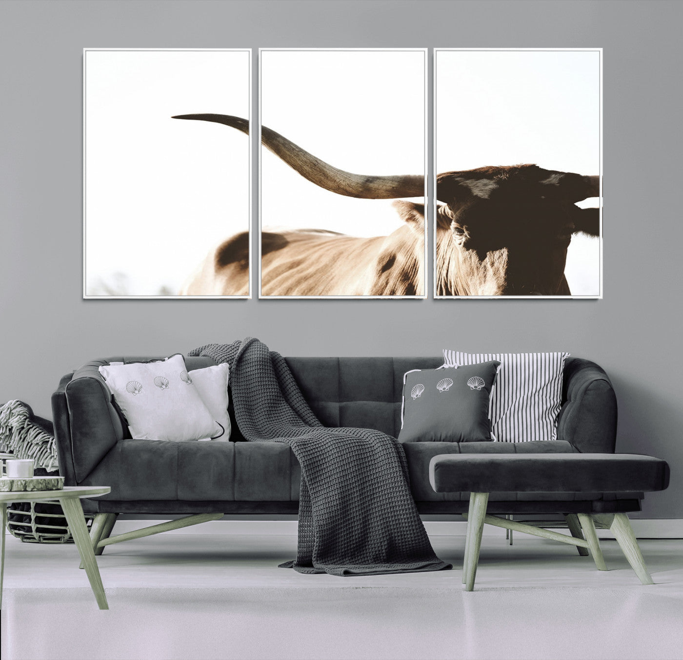 35866-MGV-CV-36X24-Texas Longhorn Wall Art Canvas Print | 3-Panel Large Longhorn Canvas Print for Living Room, Framed
