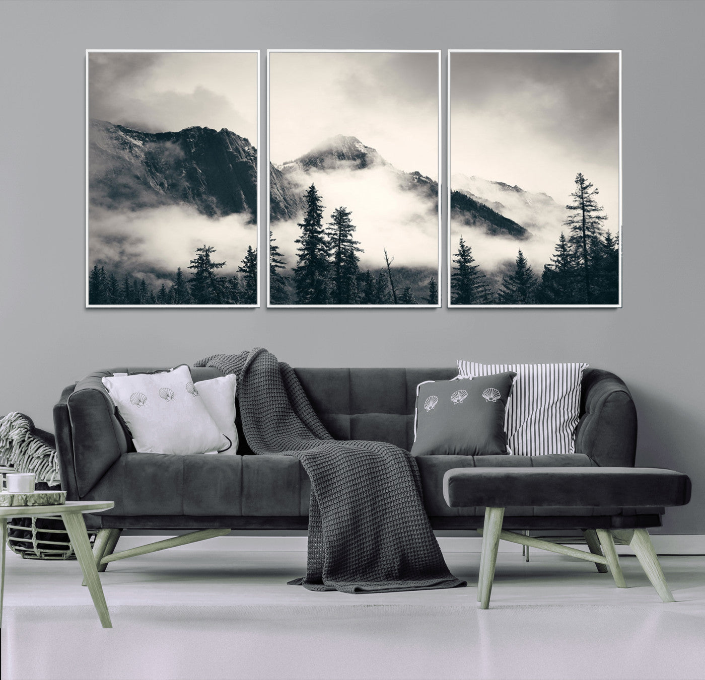 MGV-FC-60X30-3P - Large Foggy Mountain Forest Wall Art Canvas Print | Misty Mountain Peaks and Pine Trees Print |