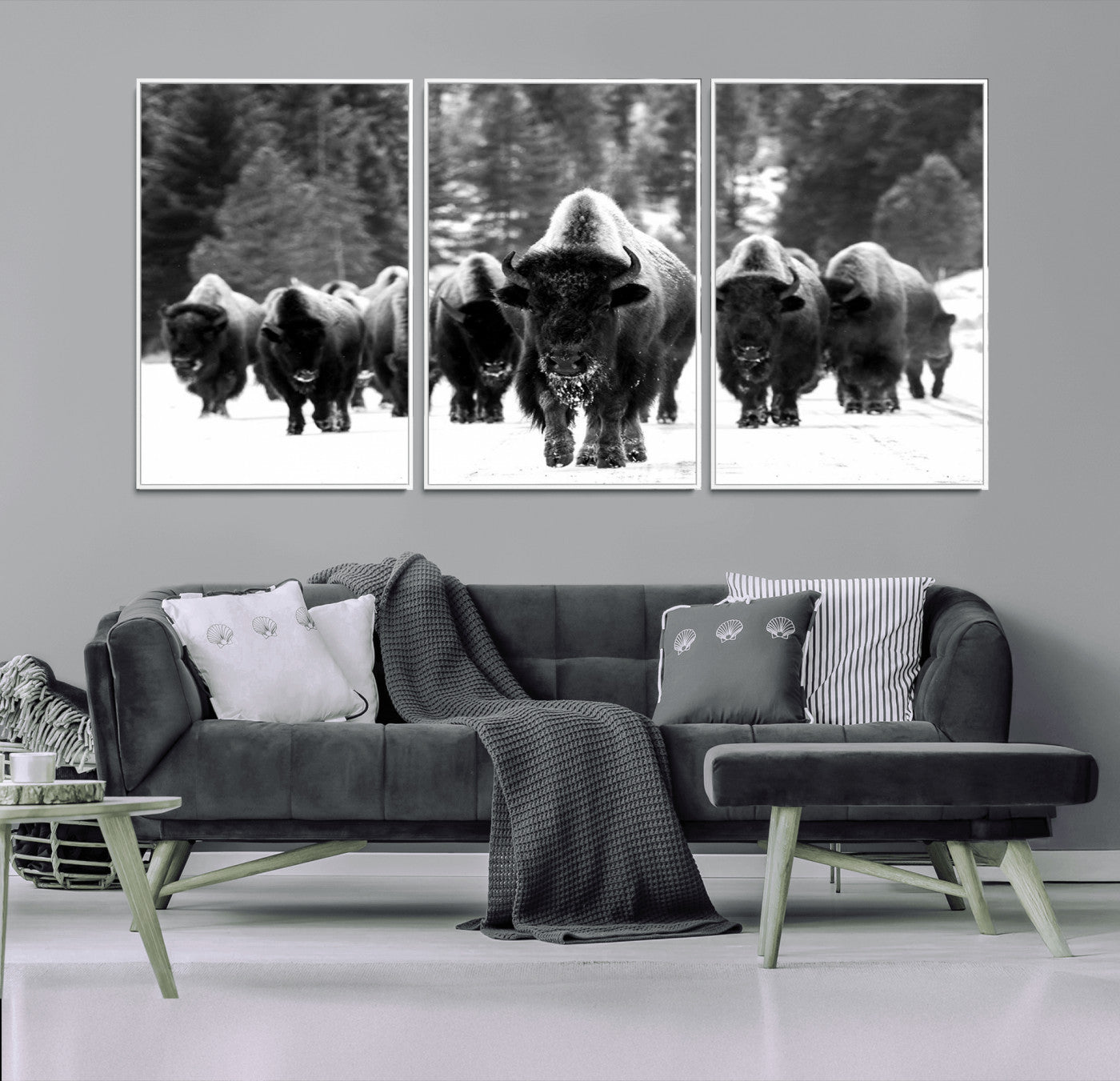 MGV-FC-60X30-3P - Bison Herd in Snow Wall Art Canvas Print | Rustic Western Bison Wall Art for Decor for Living Room, Office, and Farmhouse Decor | Framed Large Bison Giclee Canvas Print