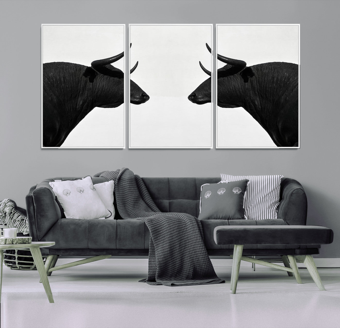 16038-MGV-FC-60X30-3P_White-Spanish Bull Art - Framed Black and White Bull Canvas Print for Modern Rustic Home or Office Decor