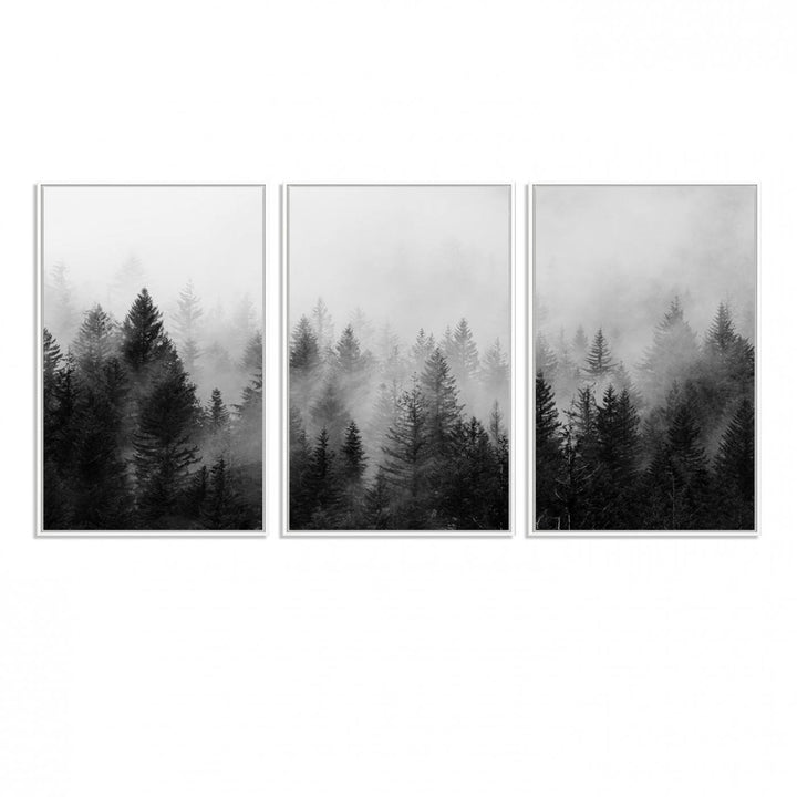 Black and white canvas art depicts a misty pine forest, offering a dense landscape that appeals to nature and woodland art lovers.