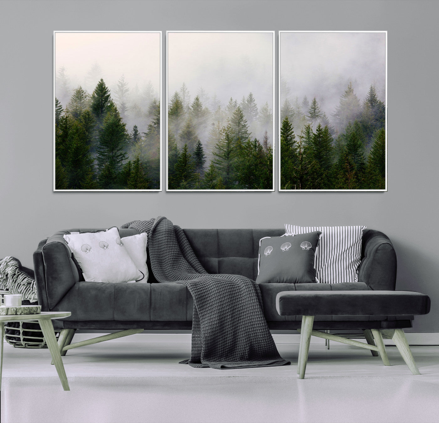 MGV-FC-60X30-3P - Misty Pine Forest Wall Art Canvas Print | 3 Panel Green Woodland Canvas Print for Living Room, Office, or Dining Room | Nature Foggy Forest Decor