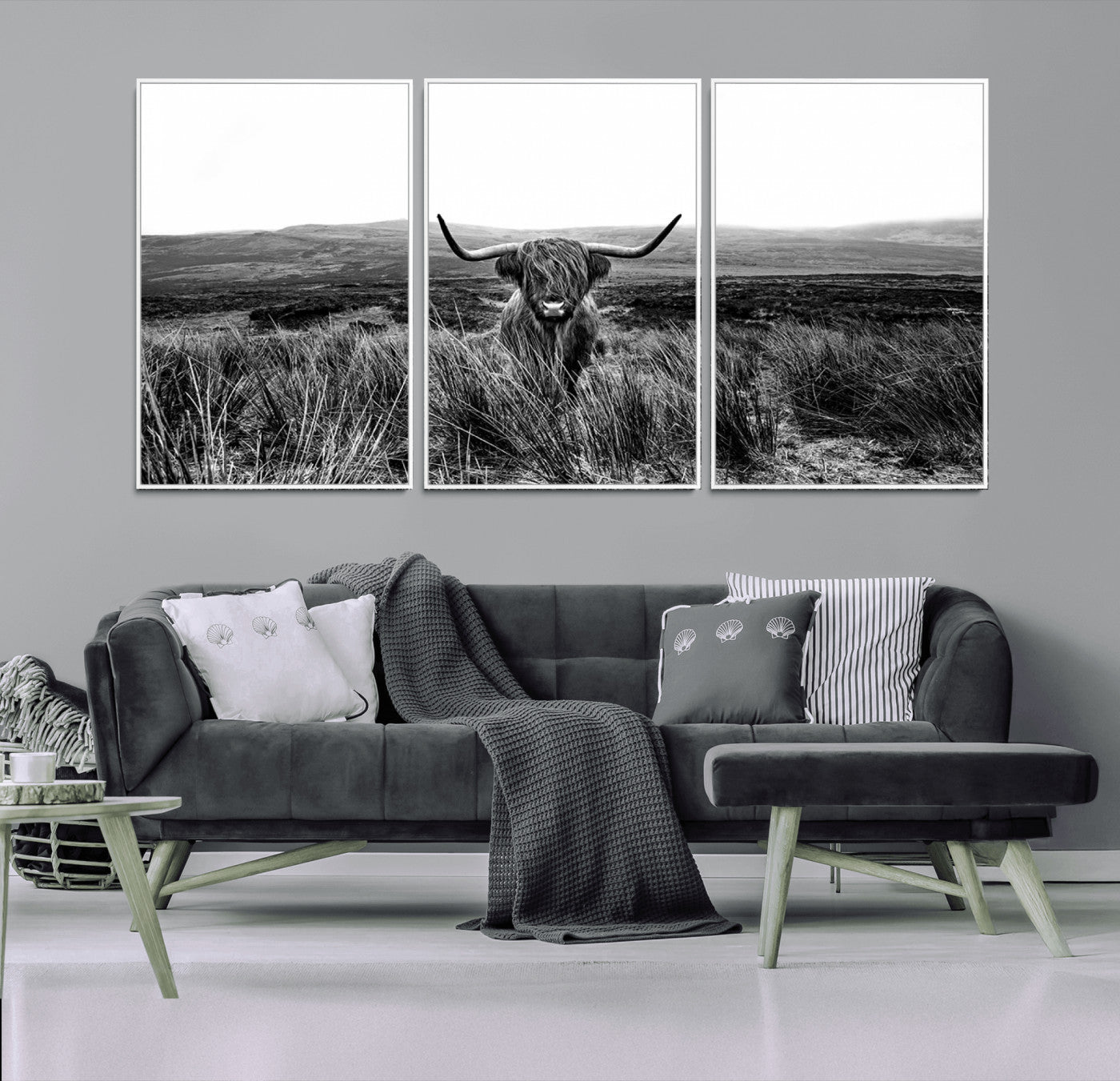 MGV-FC-60X30-3P - Black and White Highland Cow Canvas Wall Art, Longhorn Triptych Western Wall Decor for Cabin -
