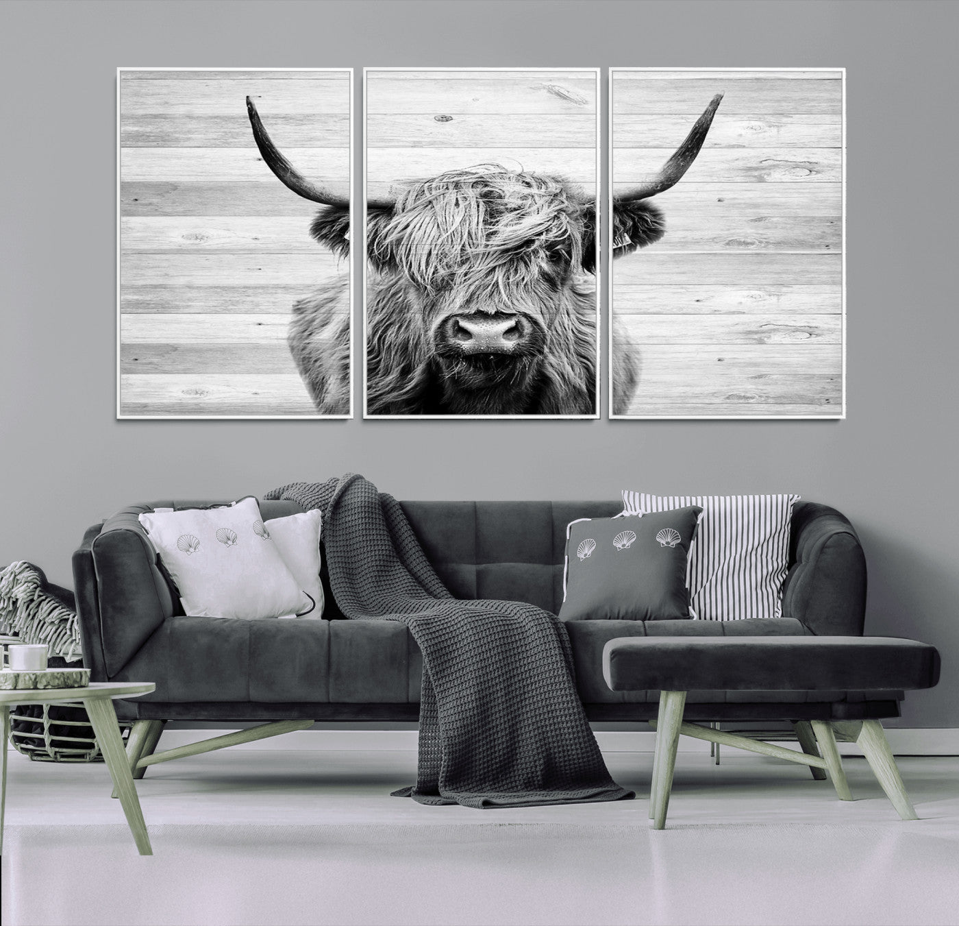 MGV-FC-60X30-3P - Scottish Highland Cow Cattle Art Print on Wood Background Style