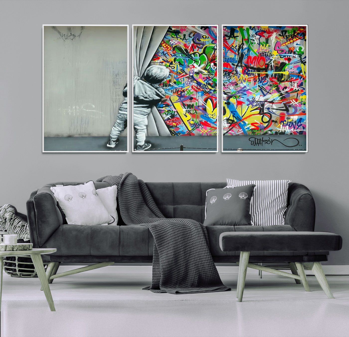 51713-MGV-FC-60X30-3P_White-Banksy Colorful Street Graffiti Canvas Wall Art Print, Modern Art Triptych, Child and Graffiti Wall,