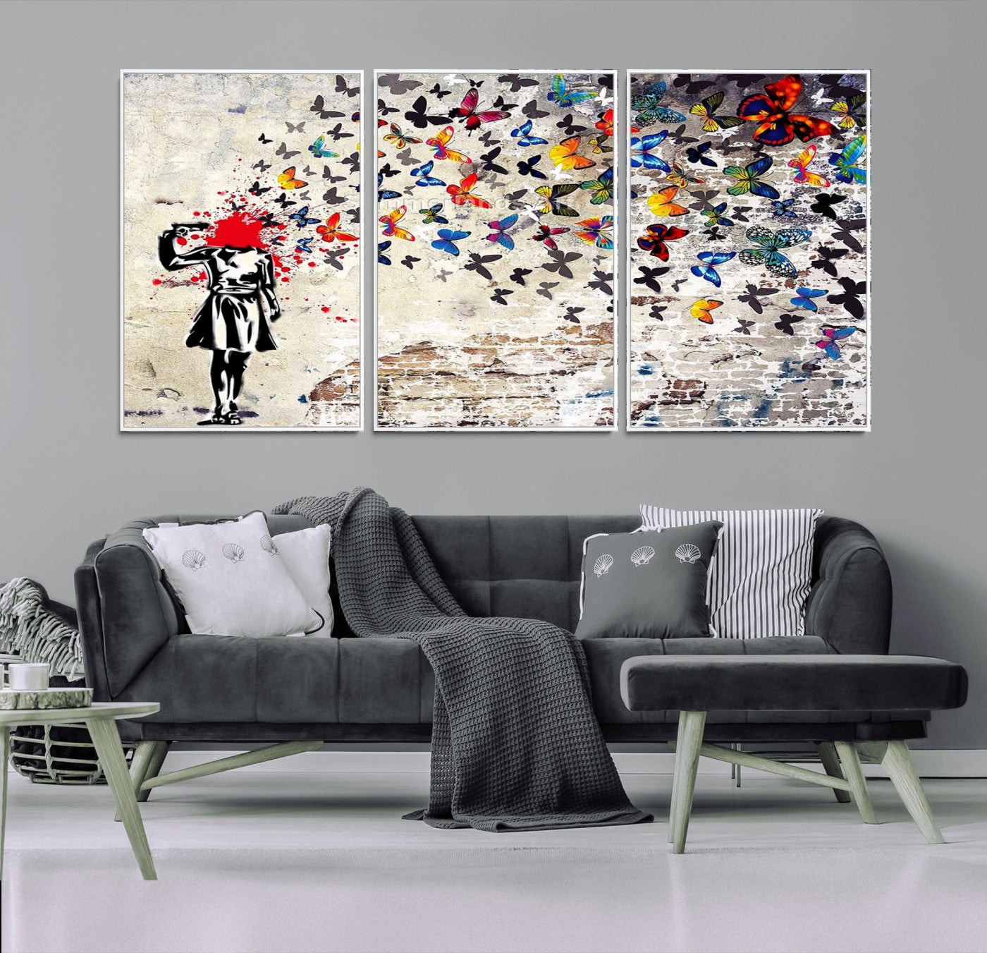 MGV-FC-60X30-3P - Banksy Art Butterfly Girl Explosion Canvas Art – Vibrant Urban Graffiti for Modern Interiors - Ready