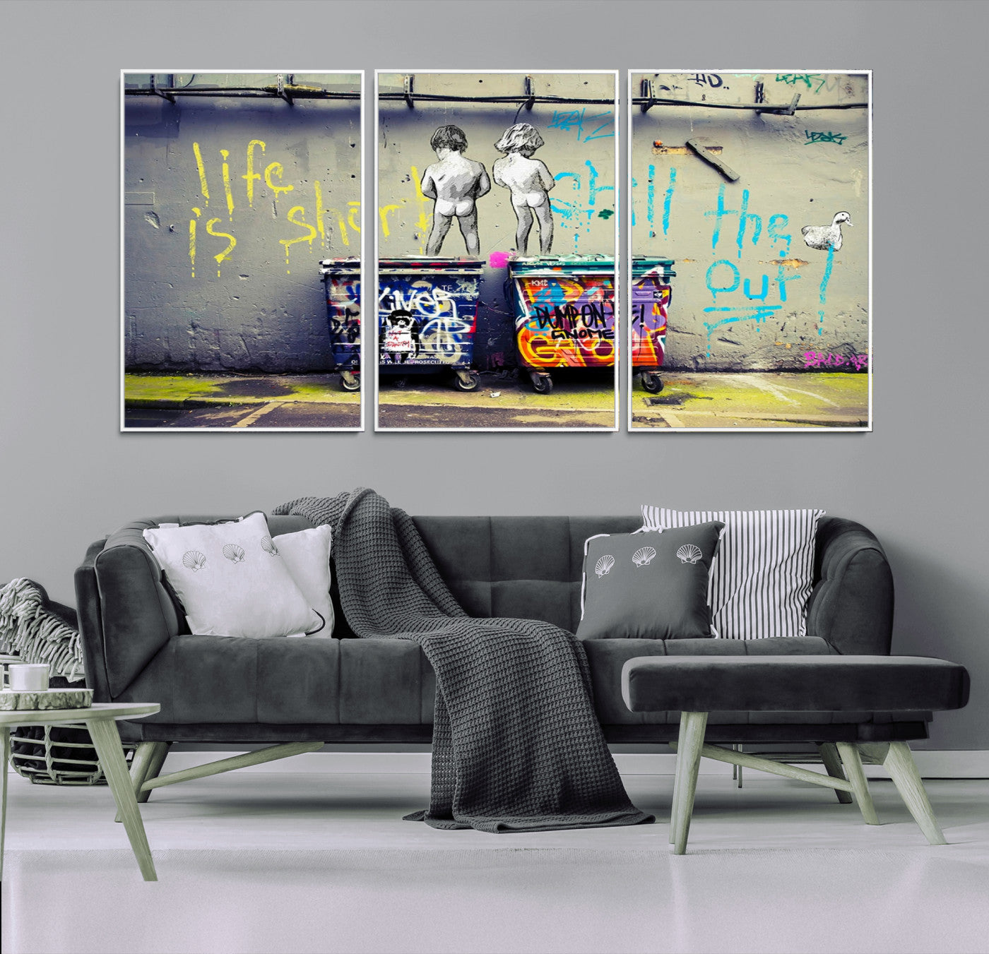 MGV-FC-60X30-3P - Banksy Life is Short Wall Art - Iconic Graffiti Art on Framed Ready-to-Hang Canvas - Street Art