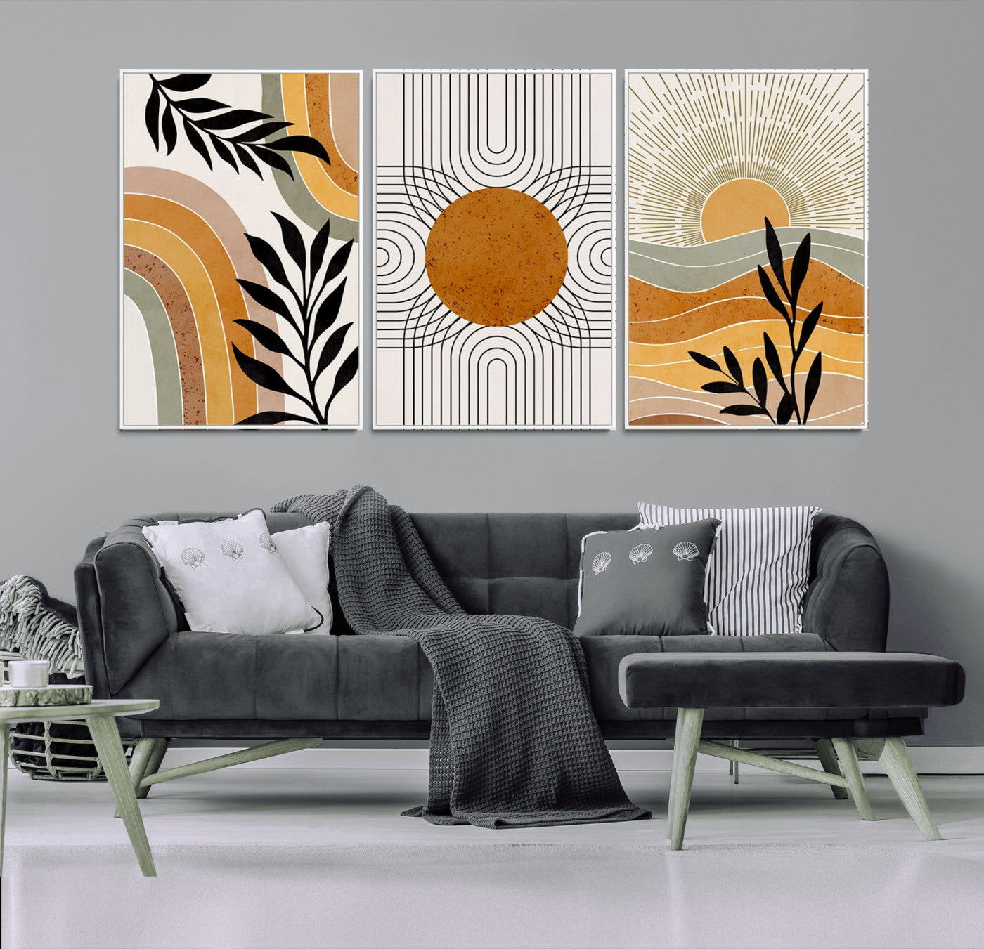 MGV-FC-60X30-3P - Modern Boho Sun and Leaf Abstract Art – 3-Panel Giclée Canvas for Mid-Century Modern or Bohemian Wall Decor