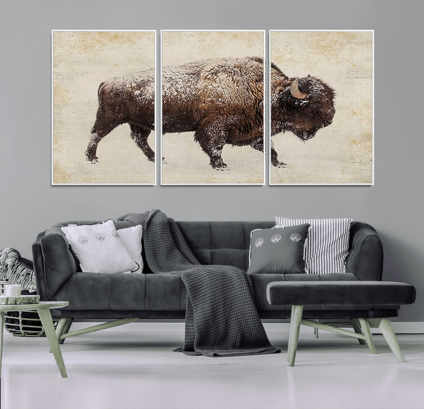 MGV-FC-60X30-3P - Buffalo Wall Art, Western Bison Canvas Print, Rustic Buffalo Art for Cowboy Western Decor, Large Multi-Panel Giclee Canvas for Farmhouse Wall Decor