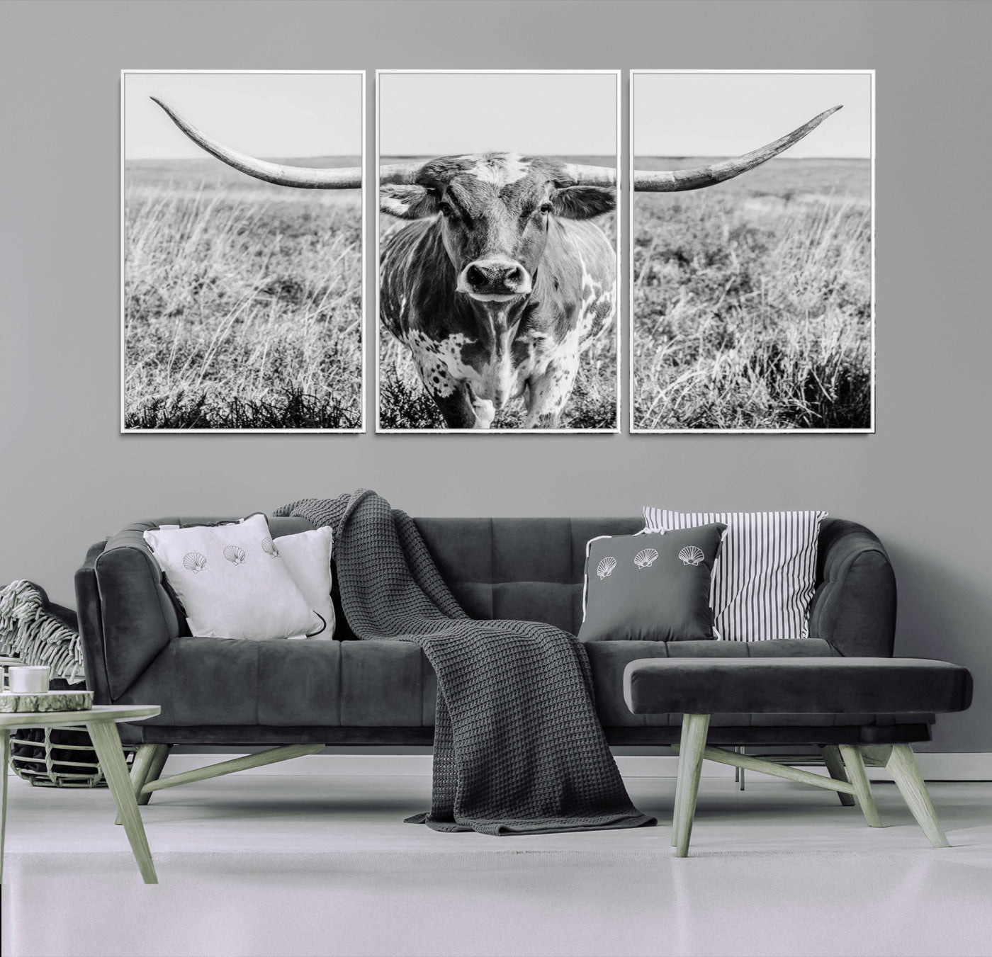 MGV-FC-60X30-3P - Texas Cow Longhorn Wall Art Canvas Print for Farm House Wall Decor, Farmhouse Wall Art Print