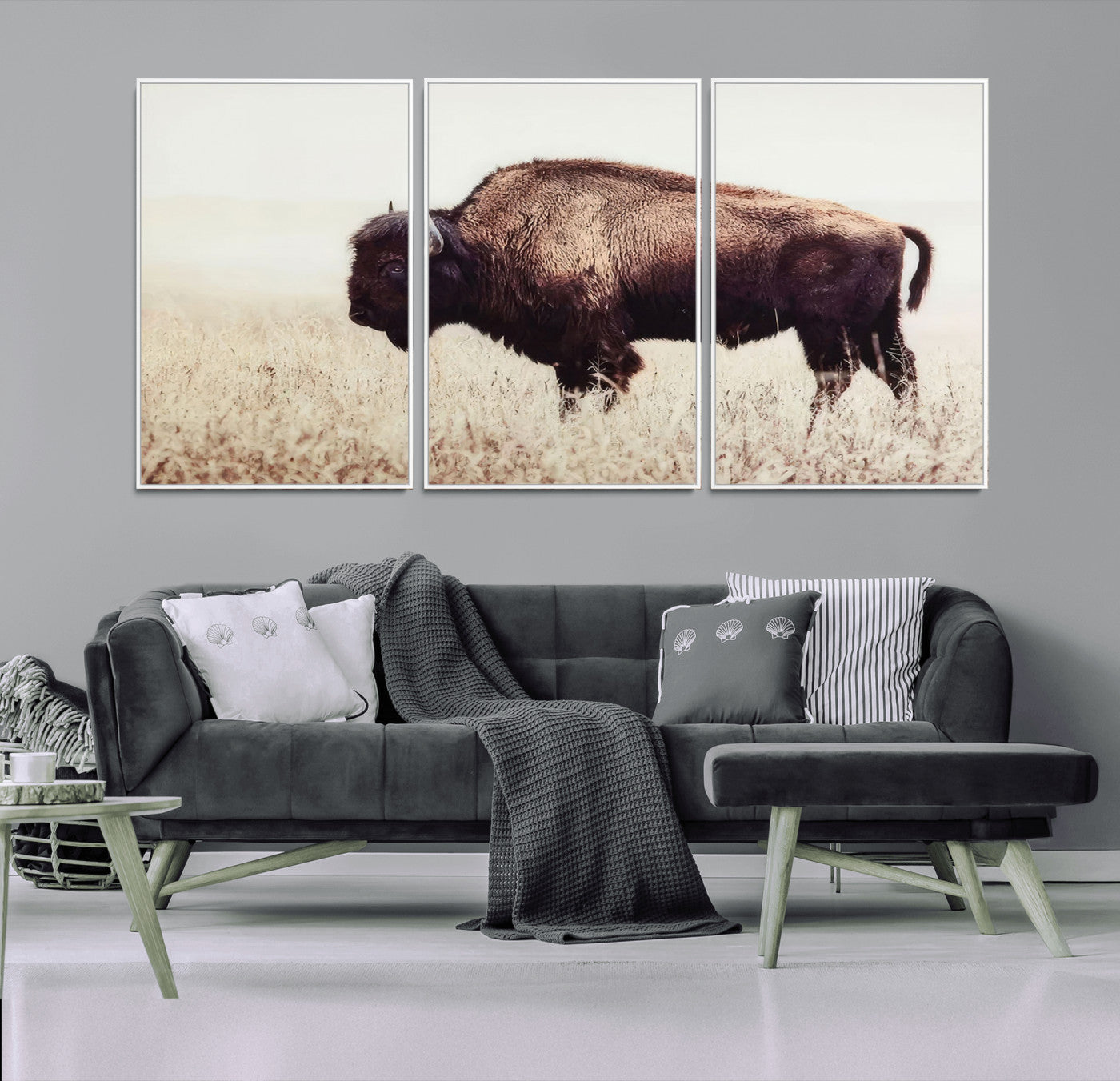 MGV-FC-60X30-3P - Bison in Field Wall Art Canvas Print For Farmhouse Barn Decor