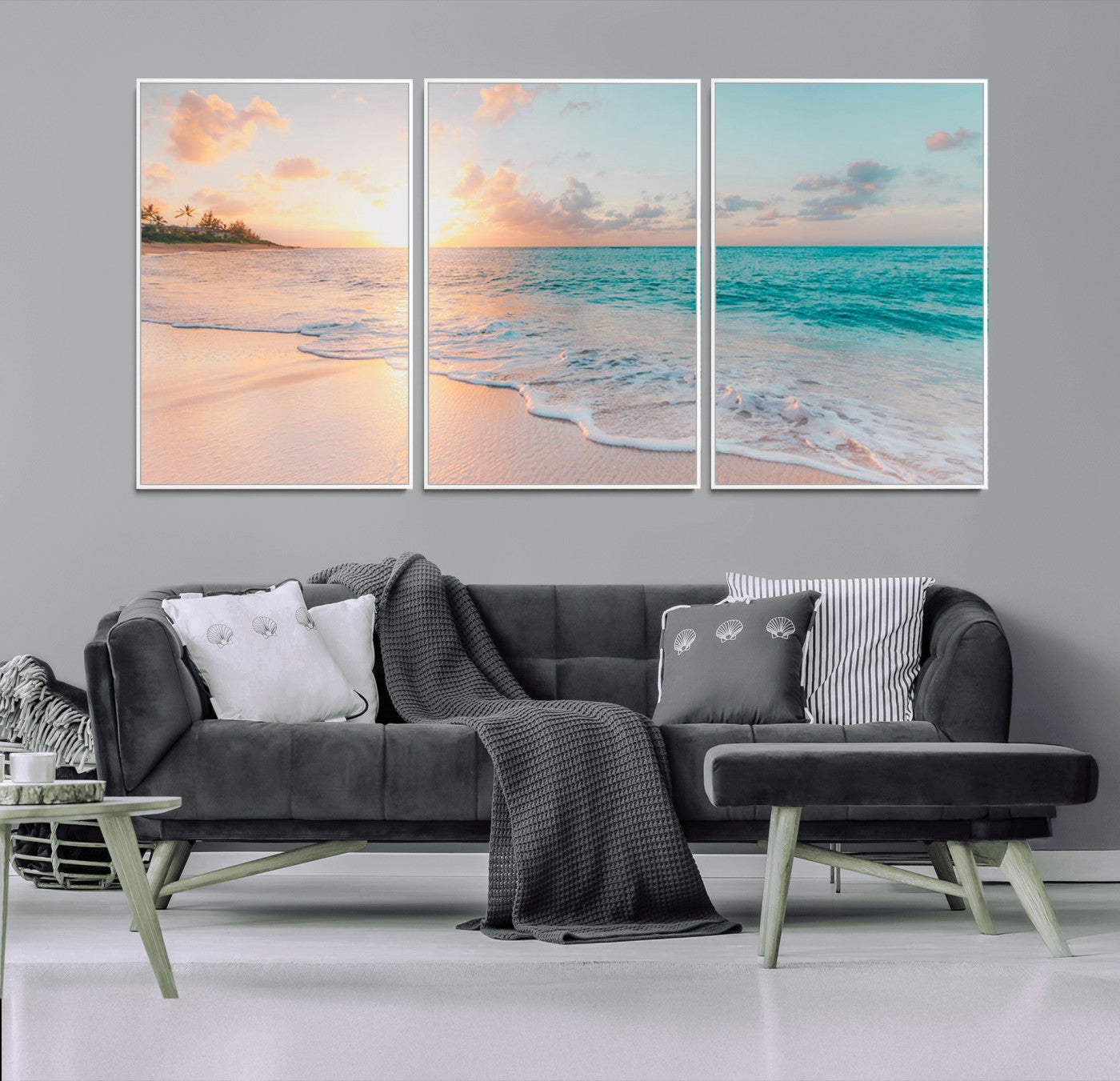MGV-FC-60X30-3P - Beach Sunrise Wall Art, Coastal Seascape Canvas Print, Ocean Wave Multi-Panel Giclee, Coastal Sunset