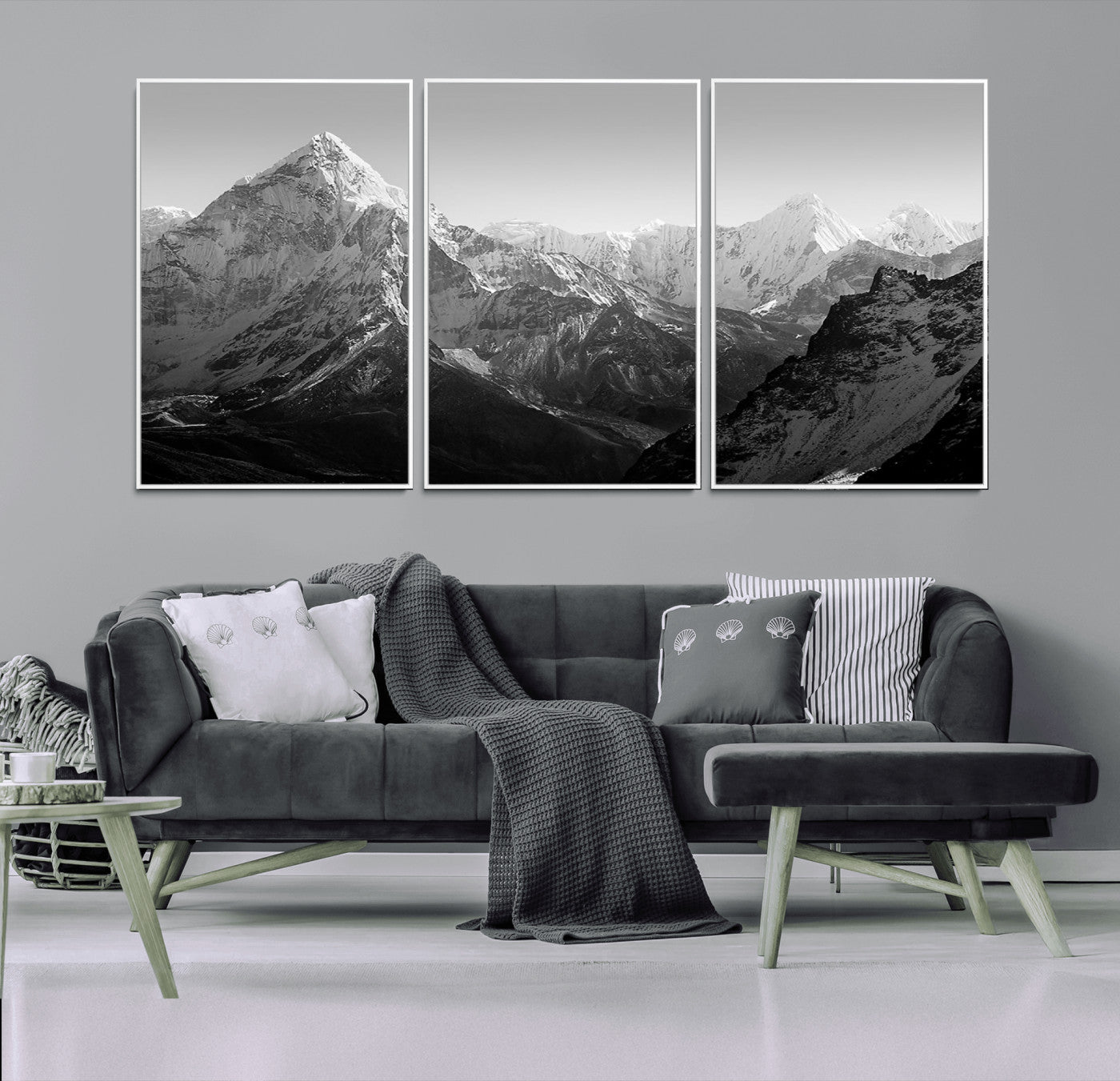 MGV-FC-60X30-3P - Everest Himalaya Mountain Peaks Black & White Triptych Canvas Art – Mountain Wall Decor, Everest