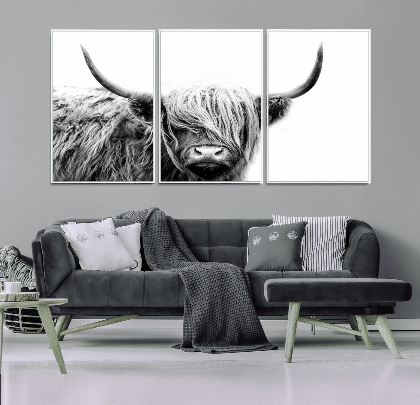 MGV-FC-60X30-3P - Black White Scottish Highland Cow Cattle Art Print Farmhouse Wall Art Canvas Print
