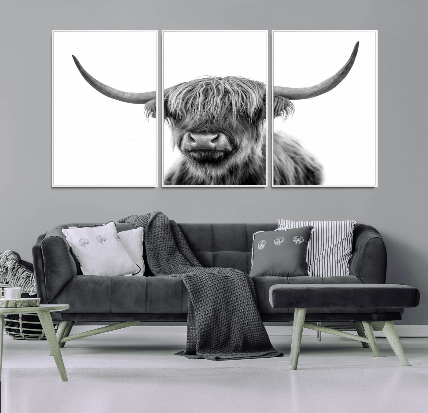 -Grayscale Scottish Highland Cow Cattle Art Print Farmhouse Wall Art Canvas Print