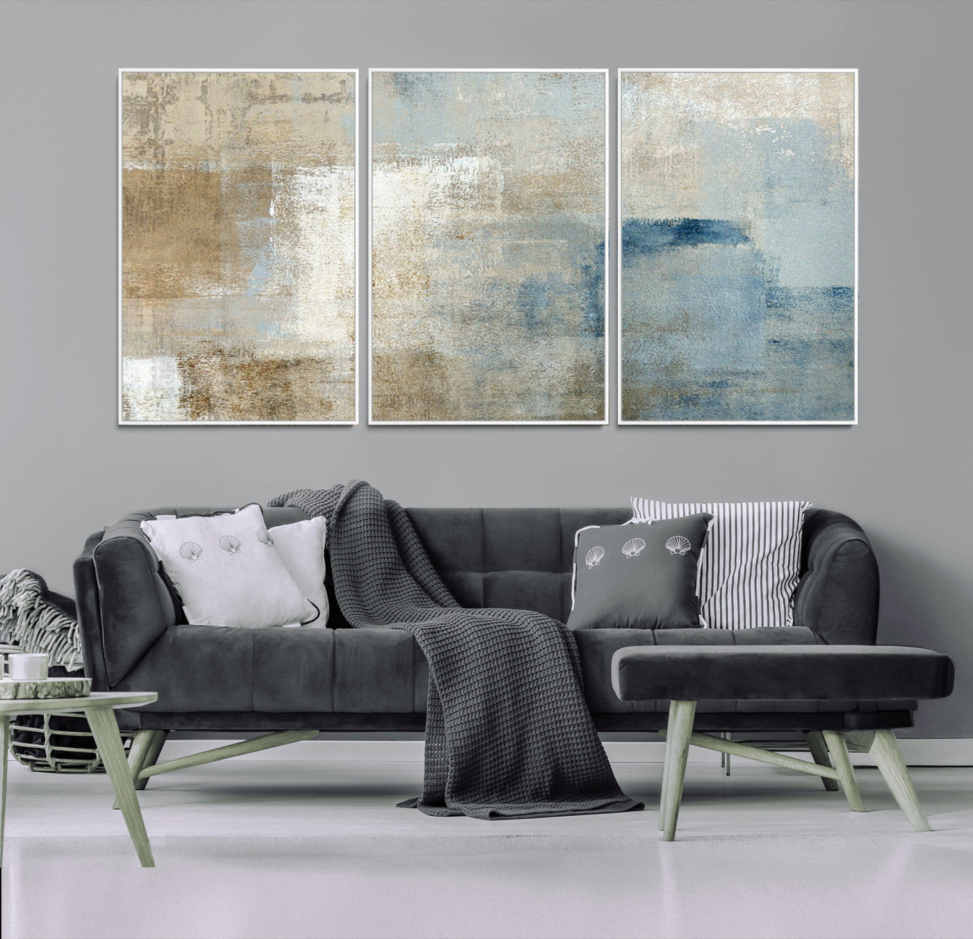 MGV-FC-60X30-3P - Abstract Blue and Beige Wall Art, Modern Minimalist Canvas Print Set, Giclee Textured Art, Large