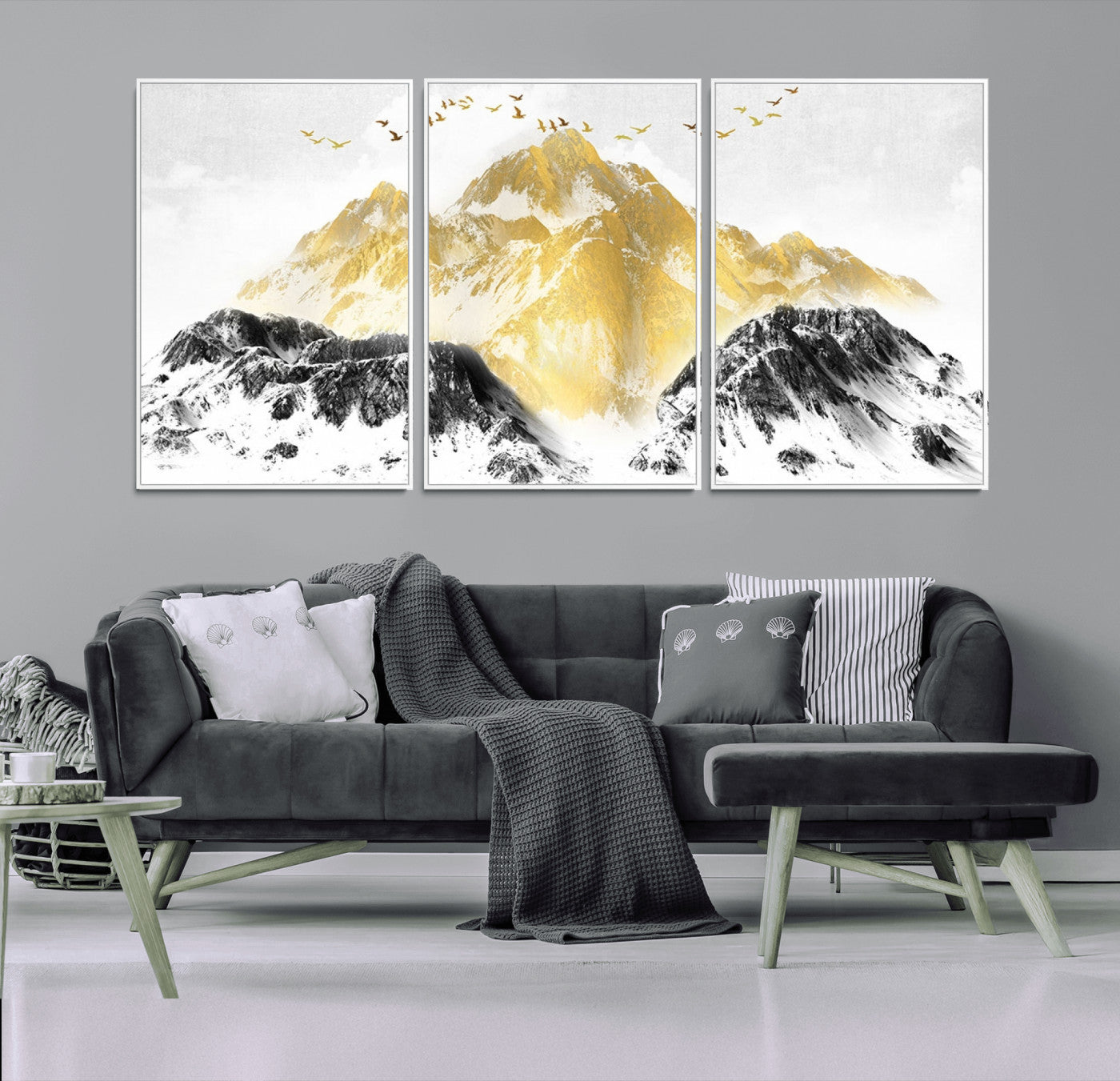 -Golden Mountain Triptych Wall Art Canvas Print, Modern Giclee Canvas Print, Nature Landscape Decor