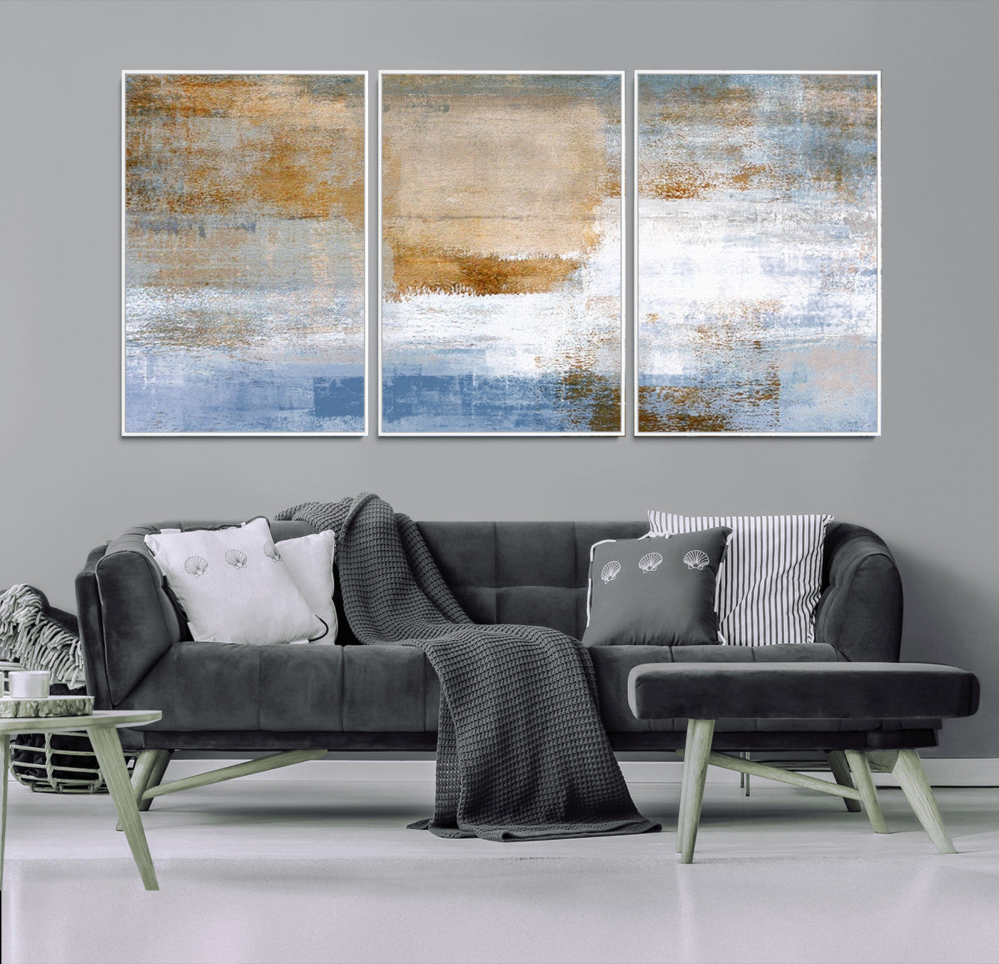 72354-MGV-CV-36X24-Blue Multi Panel Abstract Wall Art Canvas, Abstract Blue and Gold Canvas Print