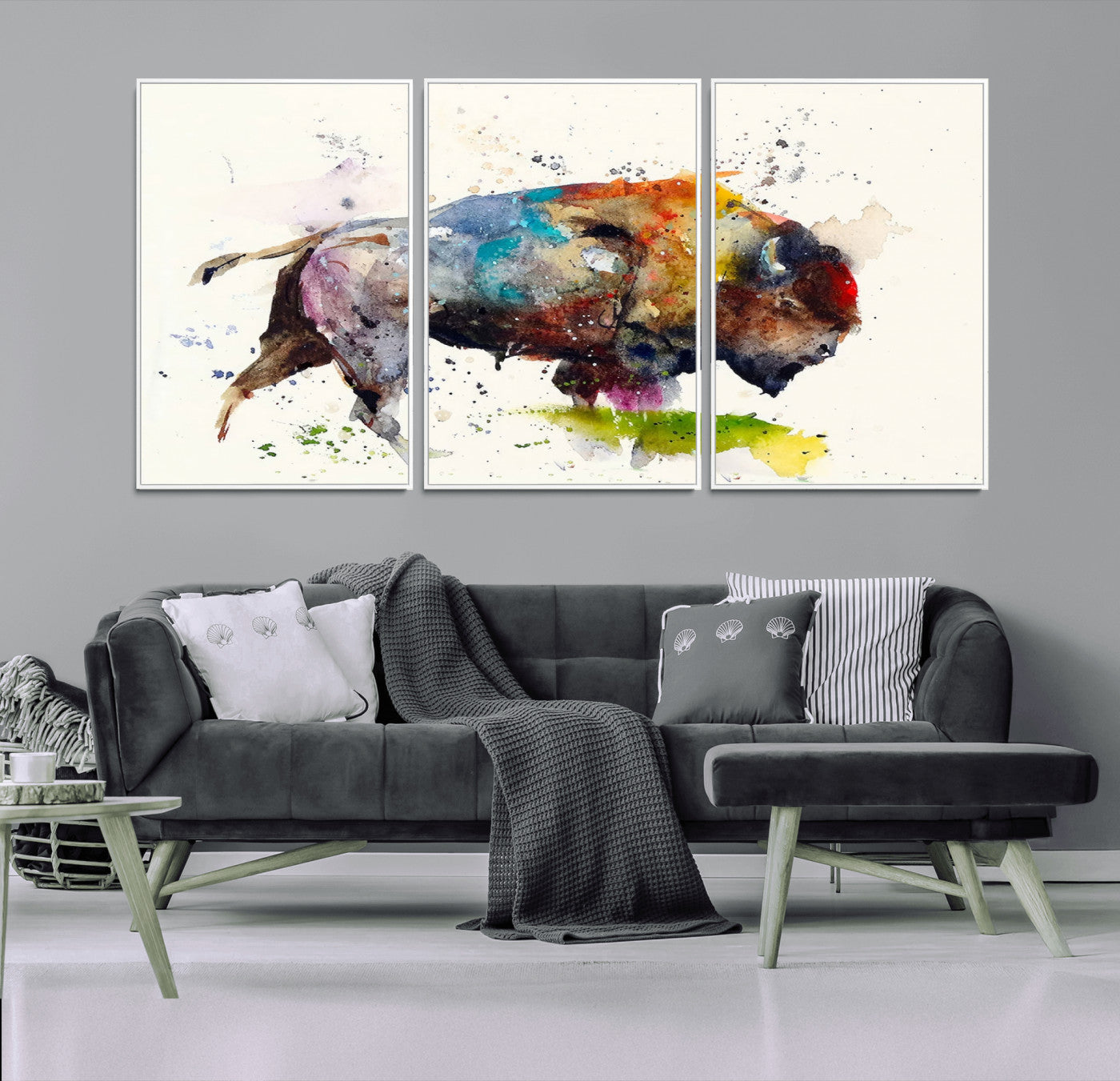 MGV-FC-60X30-3P - Abstract Buffalo Wall Art, Western Watercolor Bison Canvas Print, Rustic Buffalo Art for Cowboy and Western Decor, Large Multi-Panel Giclee Canvas