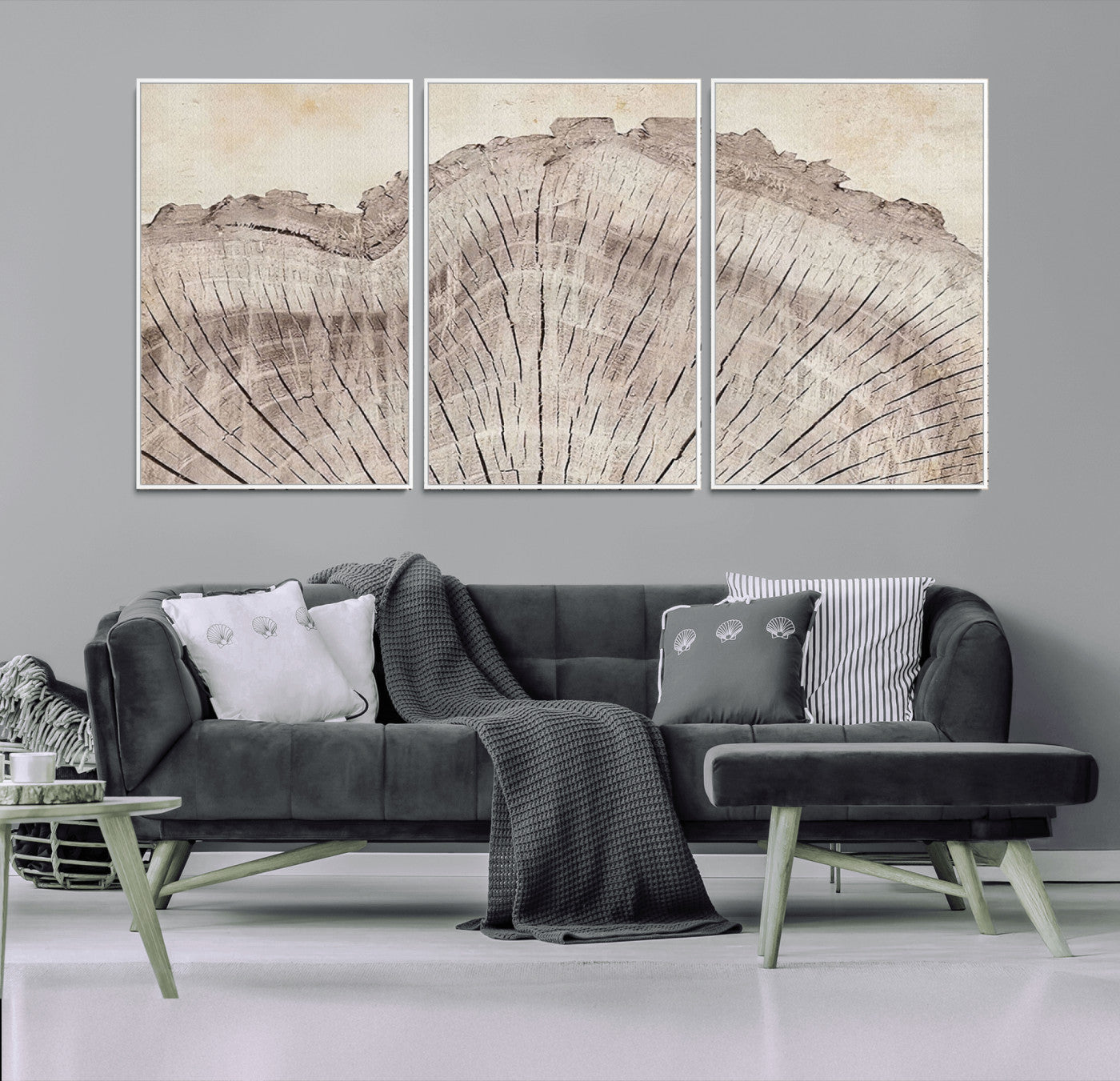 MGV-FC-60X30-3P - Tree Ring Wall Art Triptych, Rustic Wood Ring Canvas Print, Minimalist Wall Decor for Modern Homes