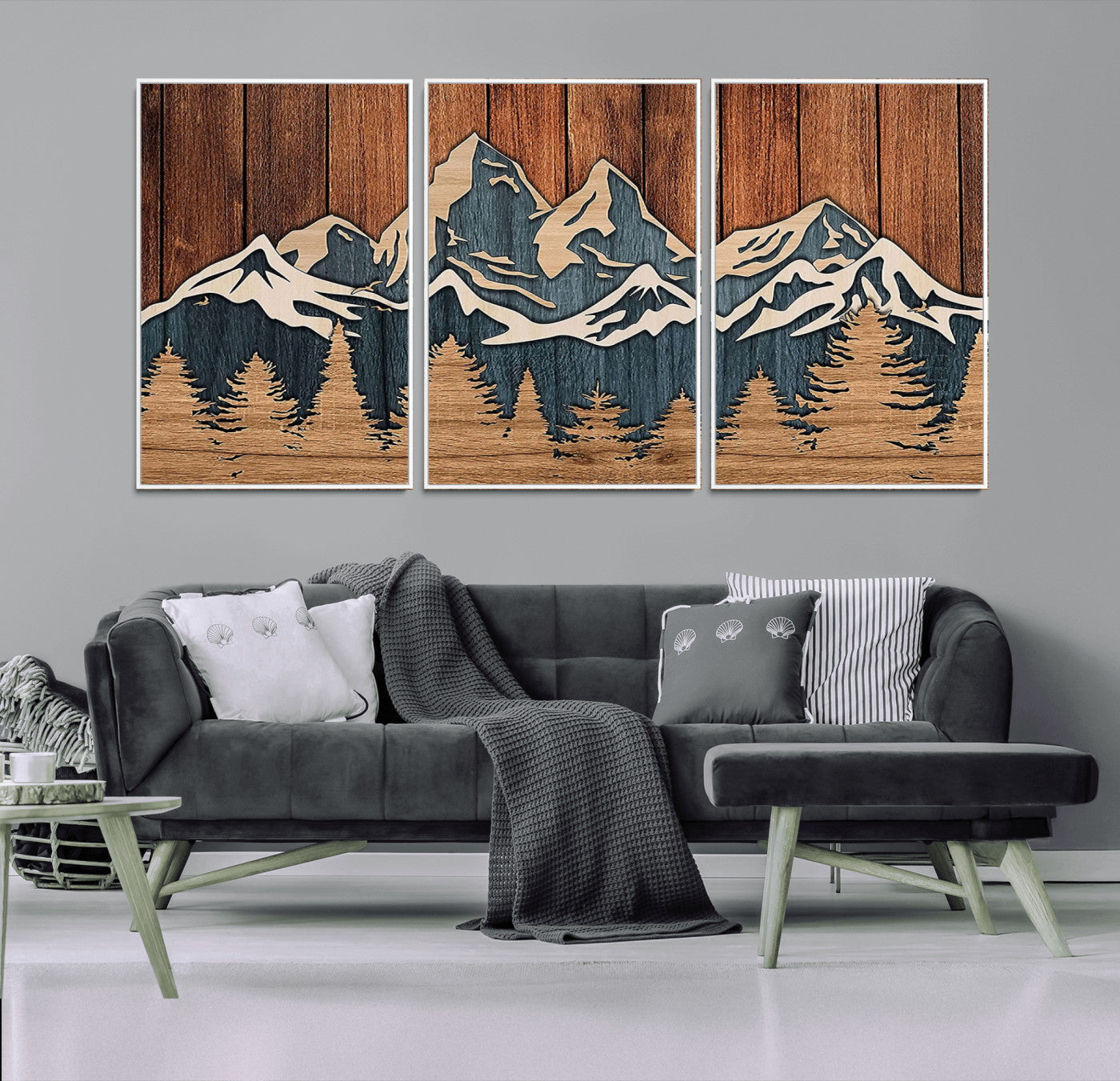 MGV-FC-60X30-3P - Rustic Wood Style Mountain Wall Art, Nature Forest Canvas Print, Wooden Textured Mountain Artwork, Handcrafted Landscape Decor for Farmhouse Decor