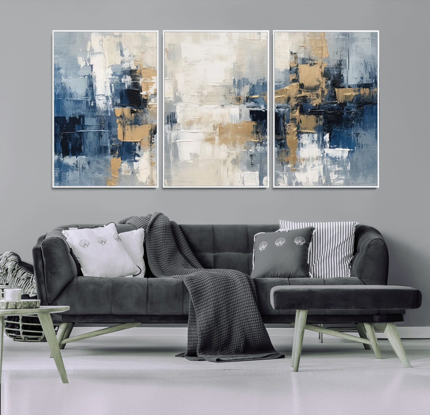 MGV-FC-60X30-3P - Modern Abstract Canvas Wall Art in Blue and Gold Tones | Large Contemporary Art for Living Room, Office, or Bedroom Décor