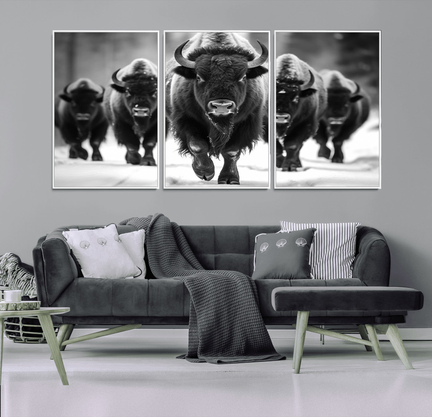 MGV-FC-60X30-3P - American Bison Art | Buffalo Herd Wall Art Canvas Print, BW American Bison Herd Wall Art Canvas