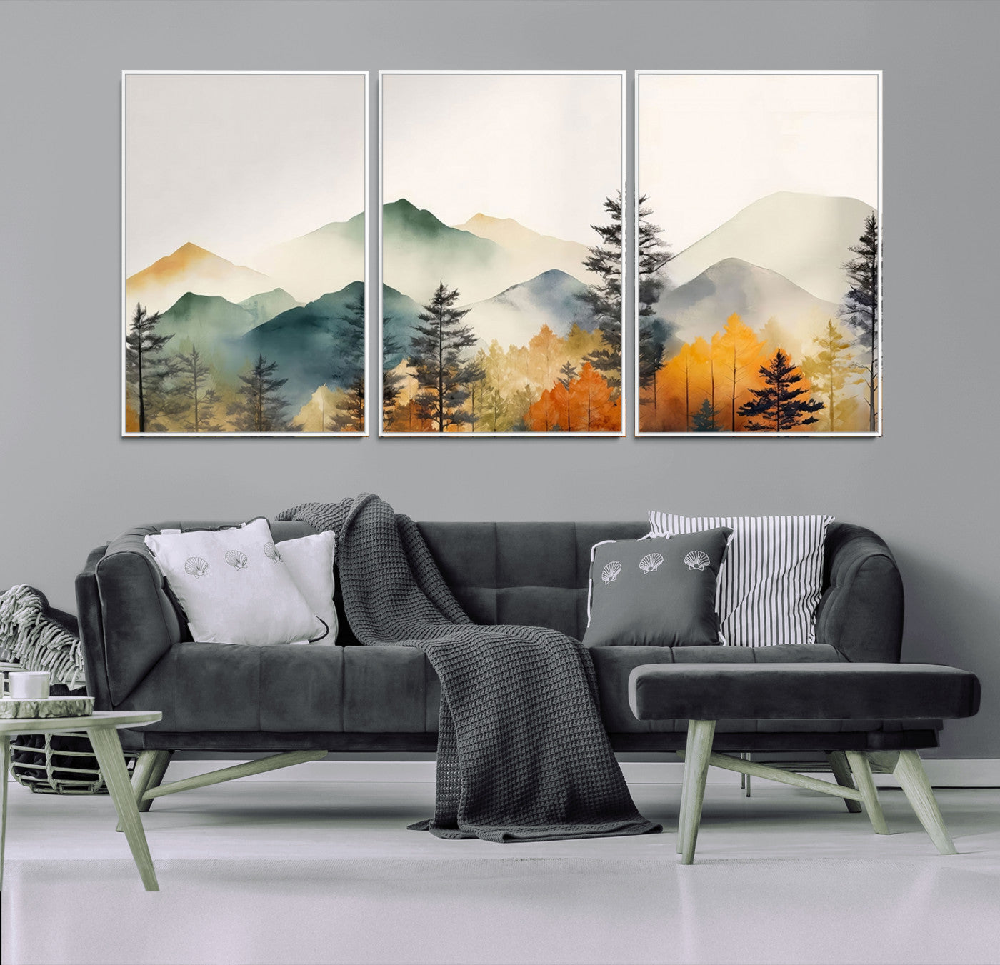 -Abstract Watercolor Mountains and Trees Autumn Wall Art, Mountains and Trees Autumn Wall Art Canvas