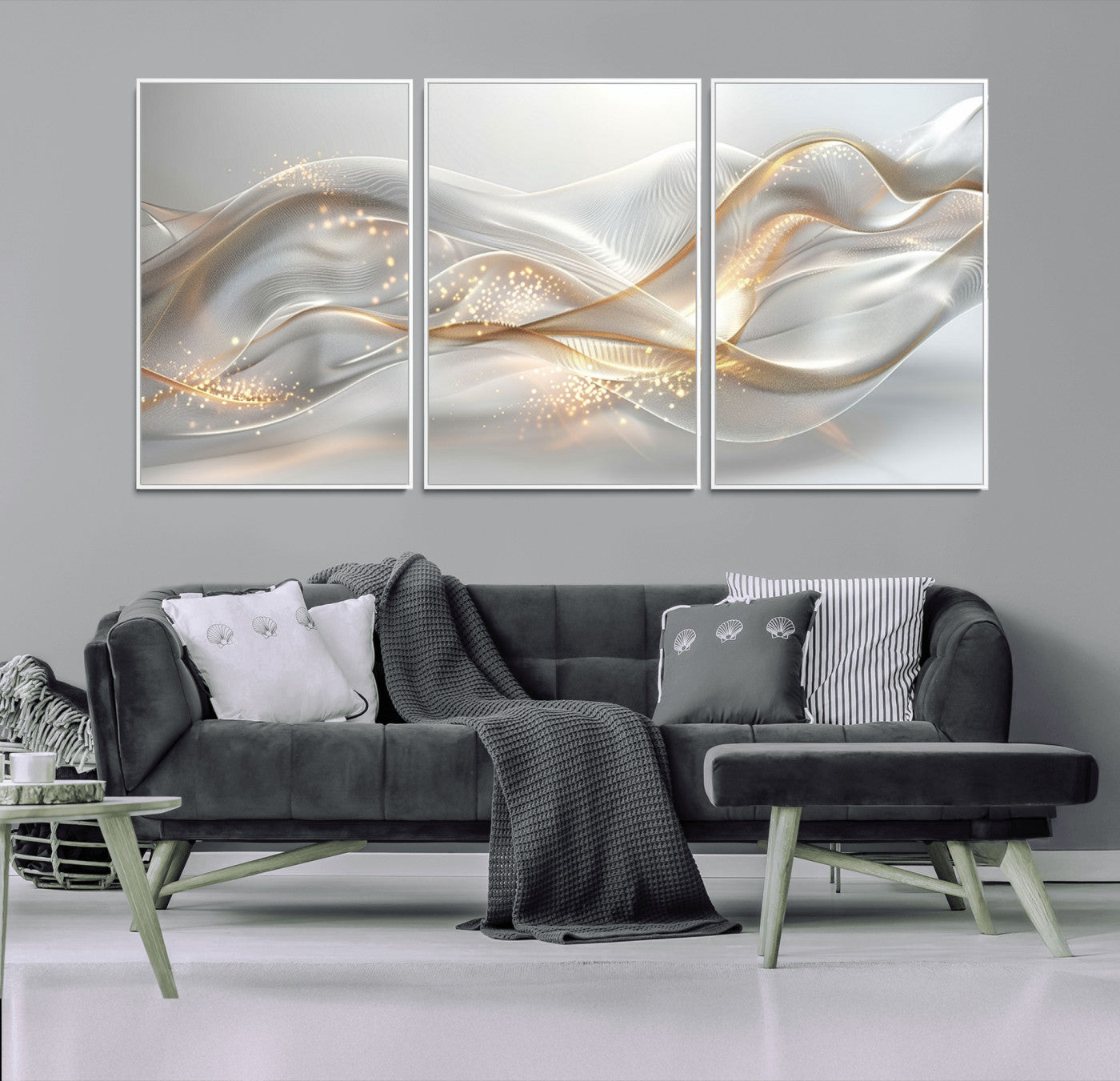 -Abstract art Grey and Gold Lines Wall Art