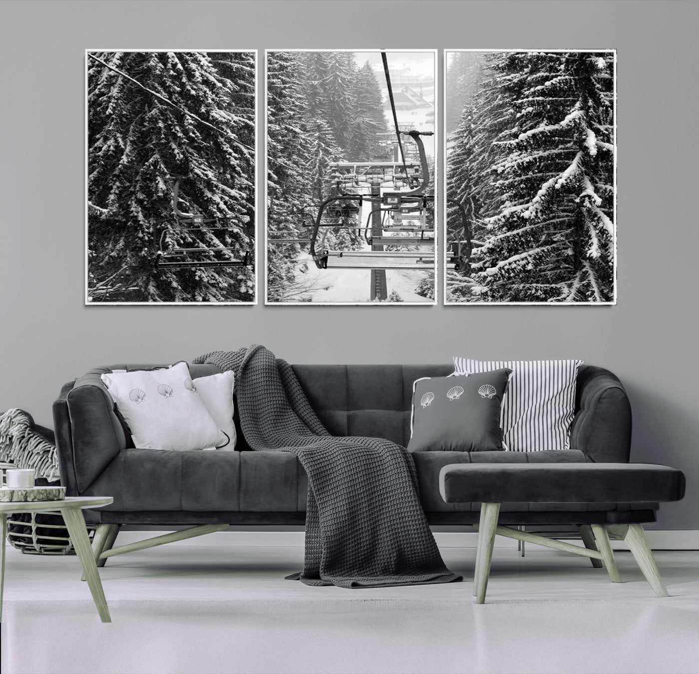 19240-MGV-CV-36X24-Winter Ski Lift Black and White Canvas Wall Art – Alpine Escape in Minimalist Style – Winter Ski