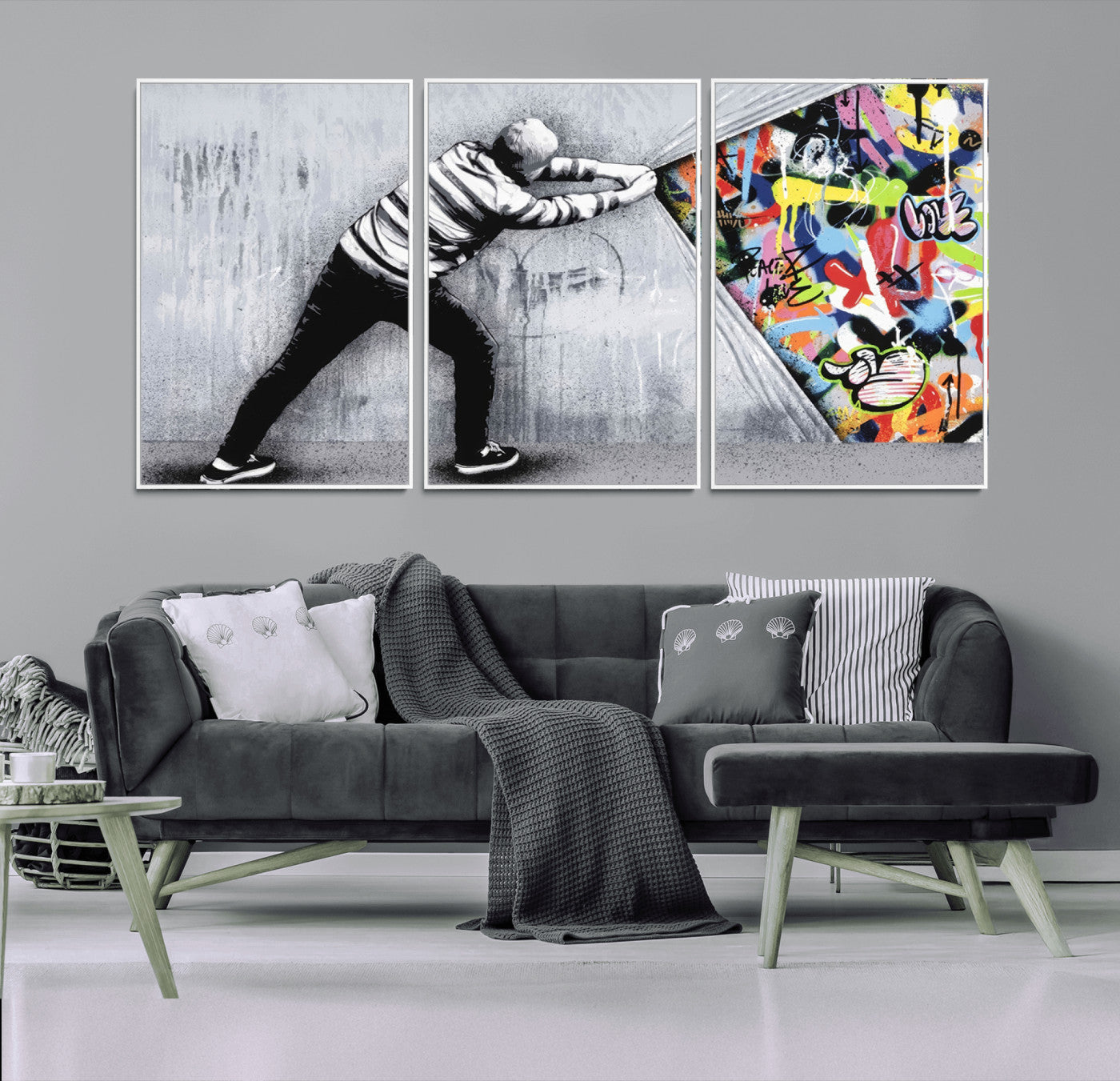 52252-MGV-CV-36X24-Banksy Art Behind the Curtain Street Wall Art Canvas Print | 3-Panel Urban Graffiti-Inspired Wall