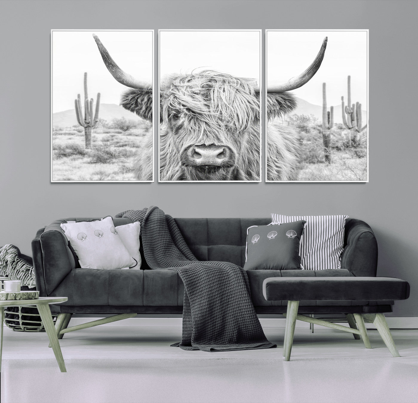 -Rustic Charm | Cow Longhorn Black White Bighorn Wall Art Canvas Print | Farmhouse Wall Art