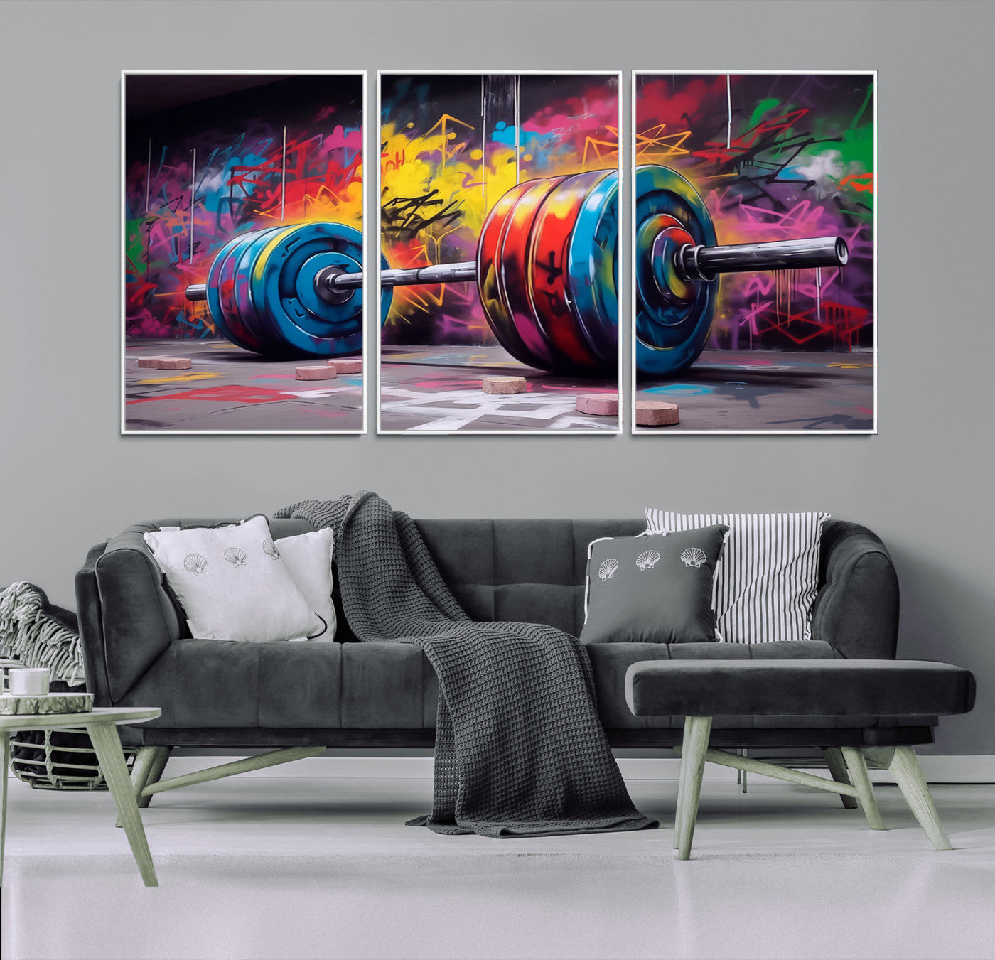 MGV-FC-60X30-3P - Abstract Graffiti Barbell Canvas Wall Art – Urban Fitness Meets Bold Street Art Print - Gym Wall Art
