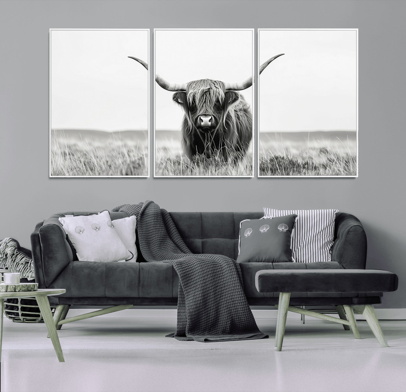 MGV-FC-60X30-3P - Highland Cow Canvas Wall Art – Majestic Beauty in Black and White