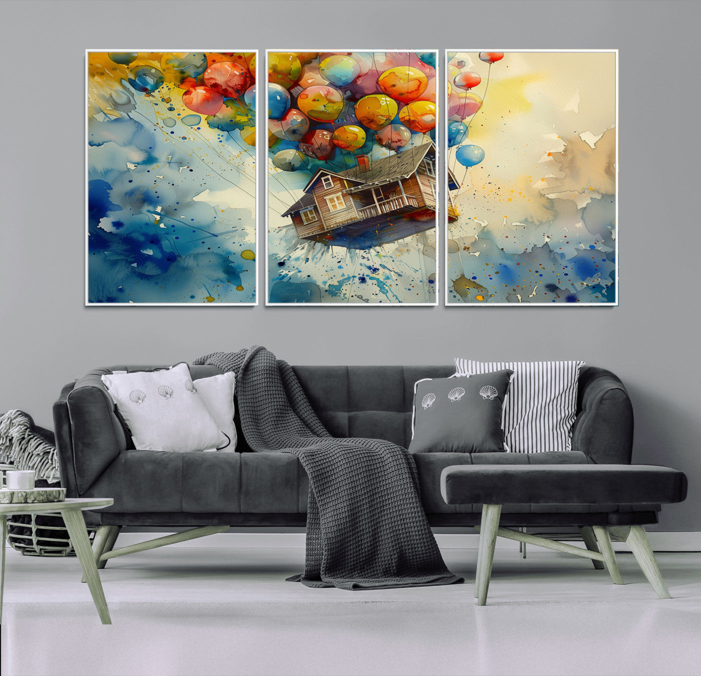 77149-MGV-FC-60X30-3P_White-UP-Inspired Floating House with Balloons Canvas Art – Colorful 3-Panel Wall Decor for Living Room,