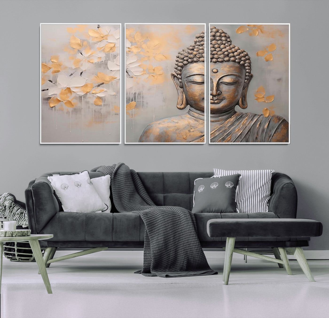 MGV-FC-60X30-3P - Abstract Buddha Statue Wall Art Canvas Print - Modern Meditation Decor for Living Room, Office, Yoga Studio Decor