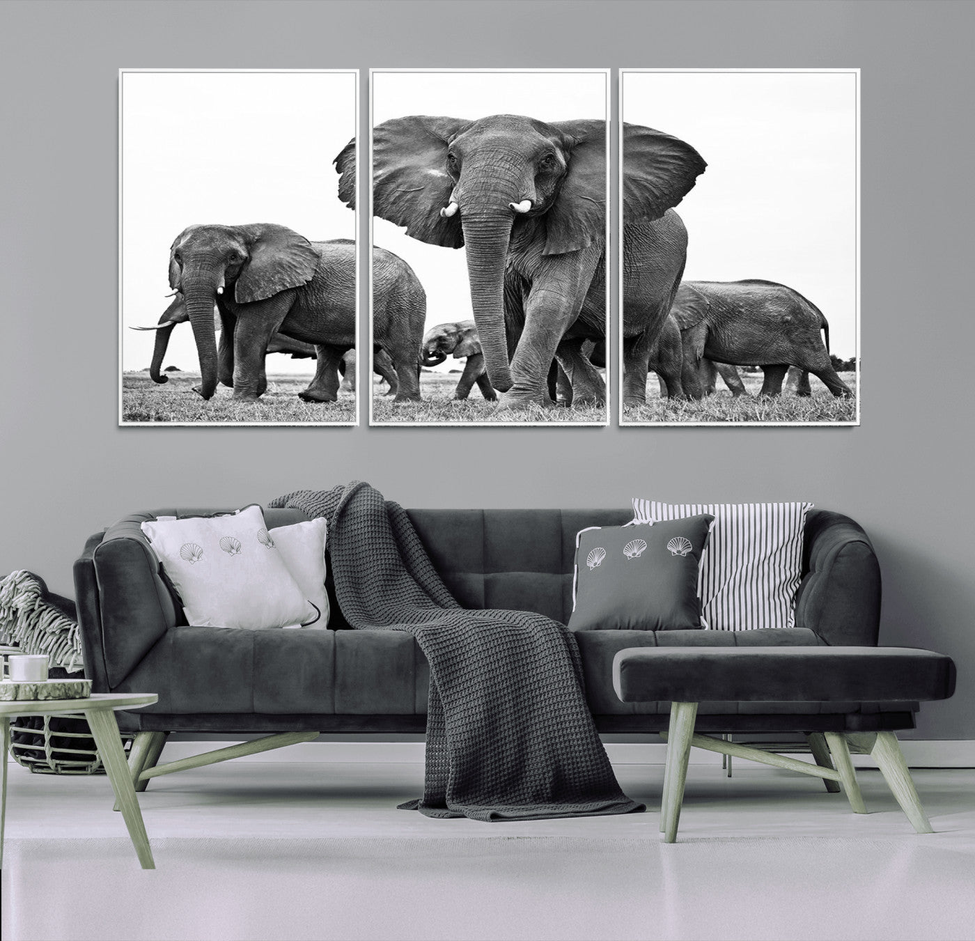 -Black White Elephant Family Wall Art Canvas Print