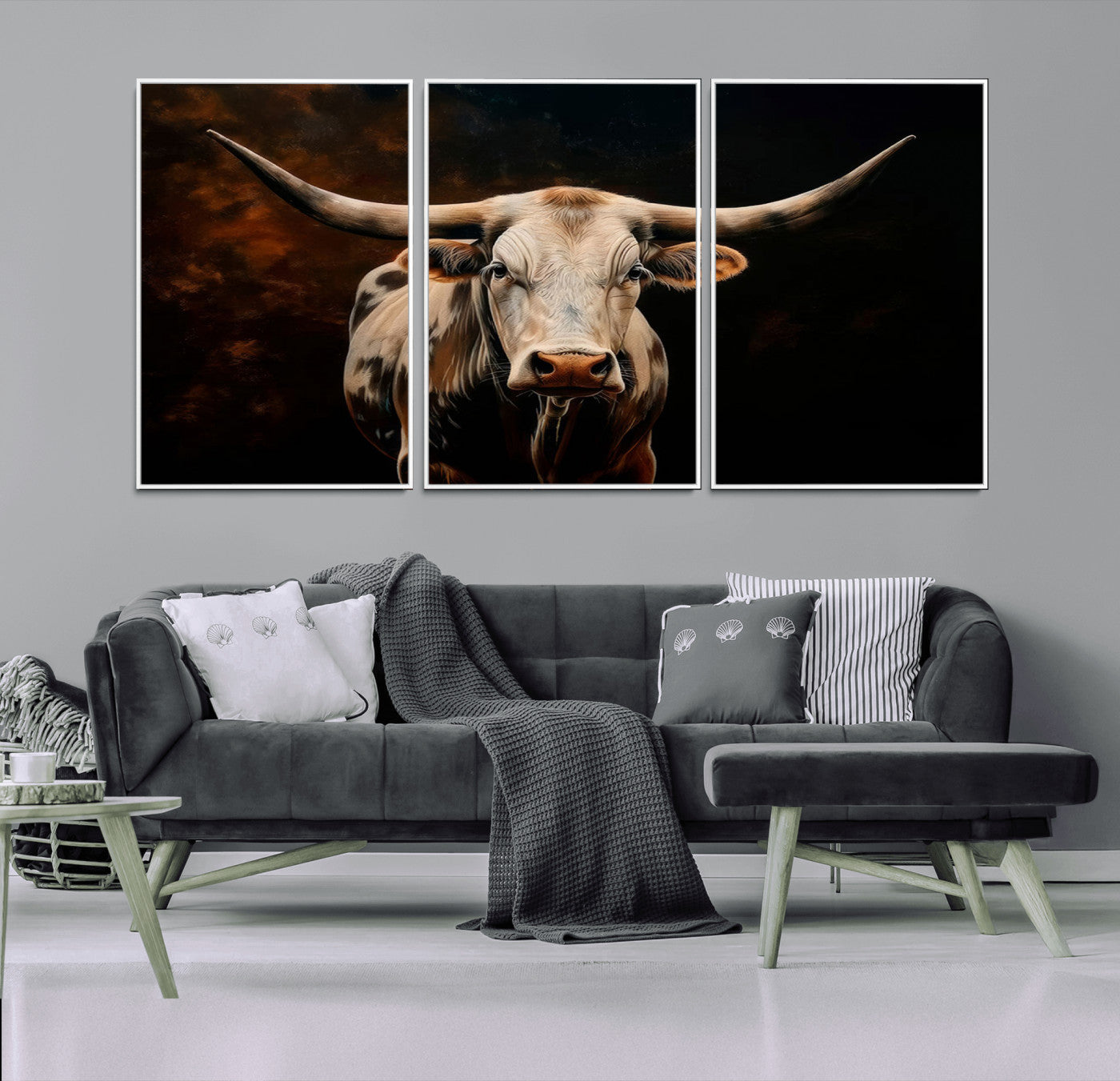 MGV-FC-60X30-3P - Texas Longhorn Wall Art | 3-Panel Large Texas Longhorn Canvas Print for Living Room, Office, or Farmhouse Decor | Framed Giclee Longhorn Wall Art