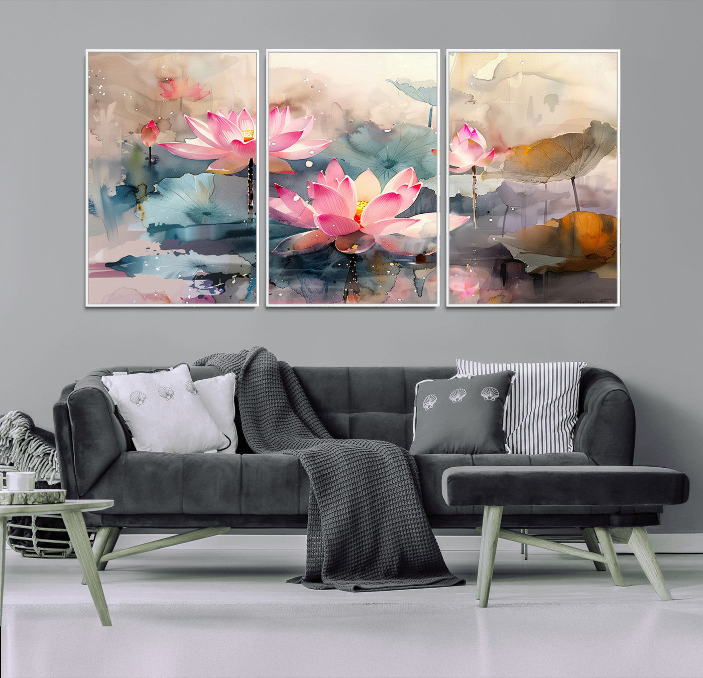 MGV-FC-60X30-3P - Lotus Flower Wall Art | 3-Panel Giclee Canvas Print of Pink Lotus Blossoms for Living Room, Bedroom, Office | Framed Lotus Floral Wall Art Decor Print