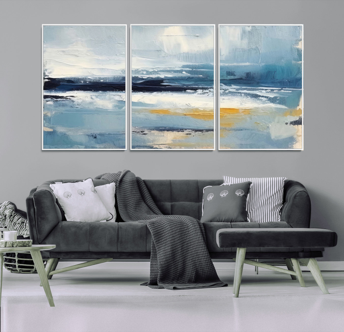 MGV-FC-60X30-3P - Abstract Ocean Canvas Wall Art - Coastal Blue and Gold Textured Painting, Modern Seascape Decor for Living Room Decor