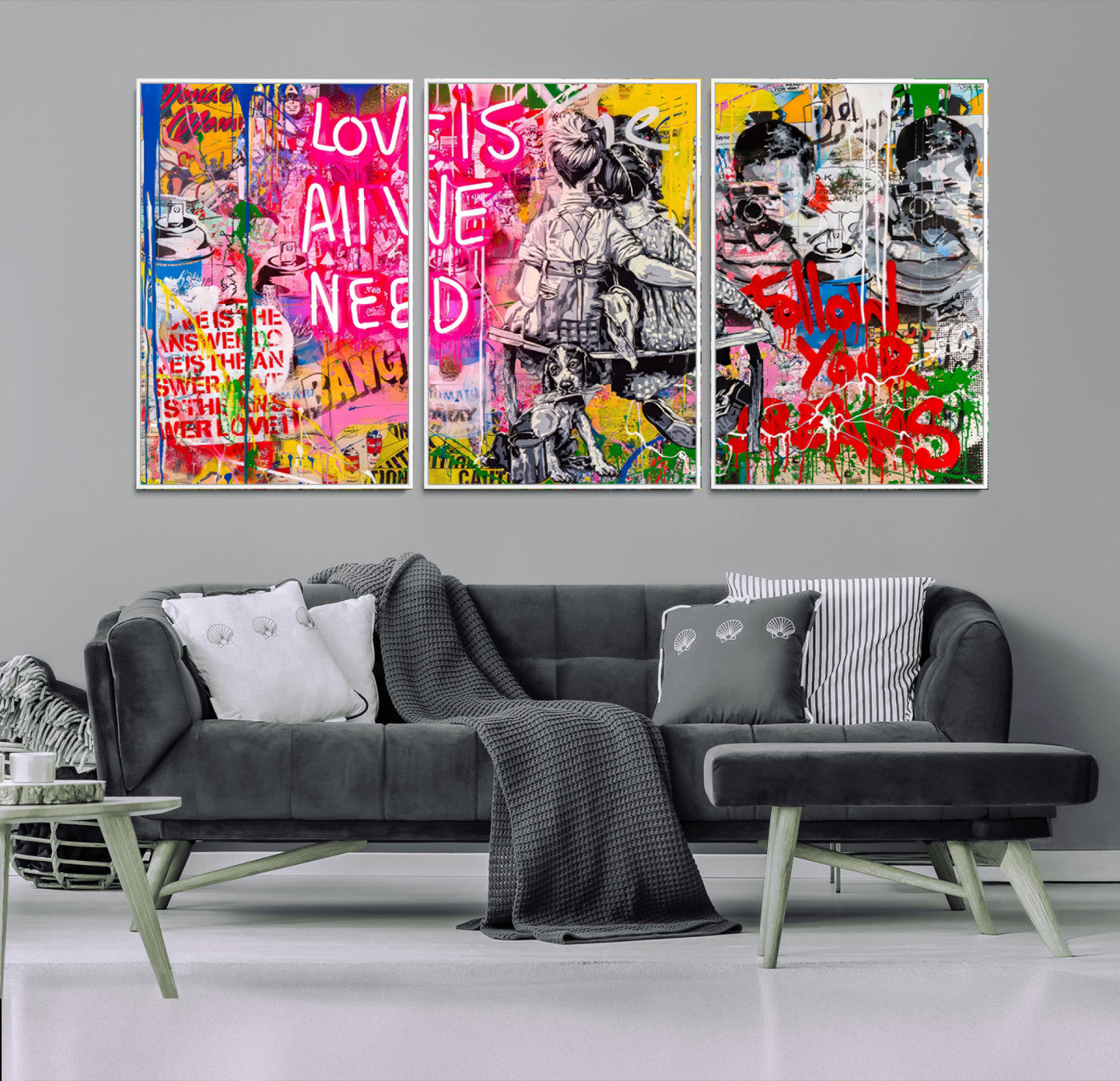 MGV-FC-60X30-3P - Follow Your Dreams & Love is All We Need Graffiti Street Art Triptych | Colorful Urban Wall Art