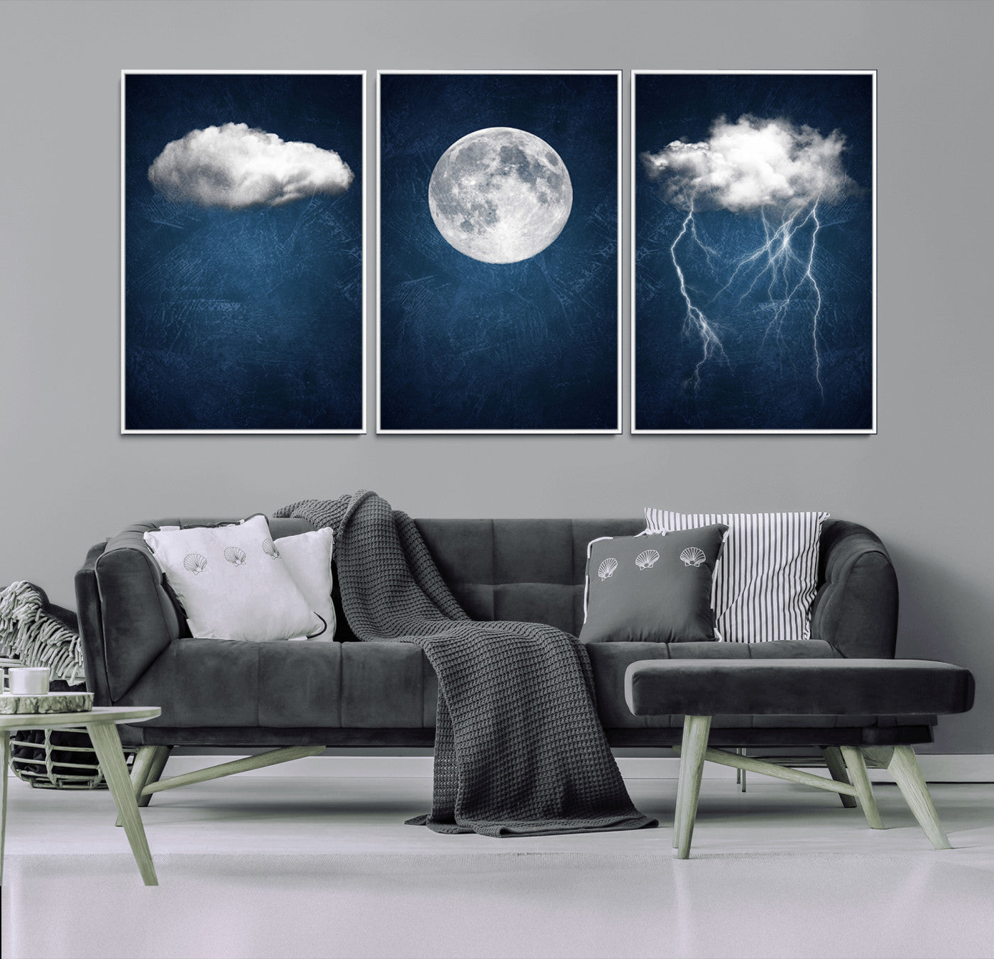 -Dark Blue Cloud Art, 3 Piece Indigo Blue Wall Art, Aesthetic Surreal Art, Thunderstorm Moon Cloud