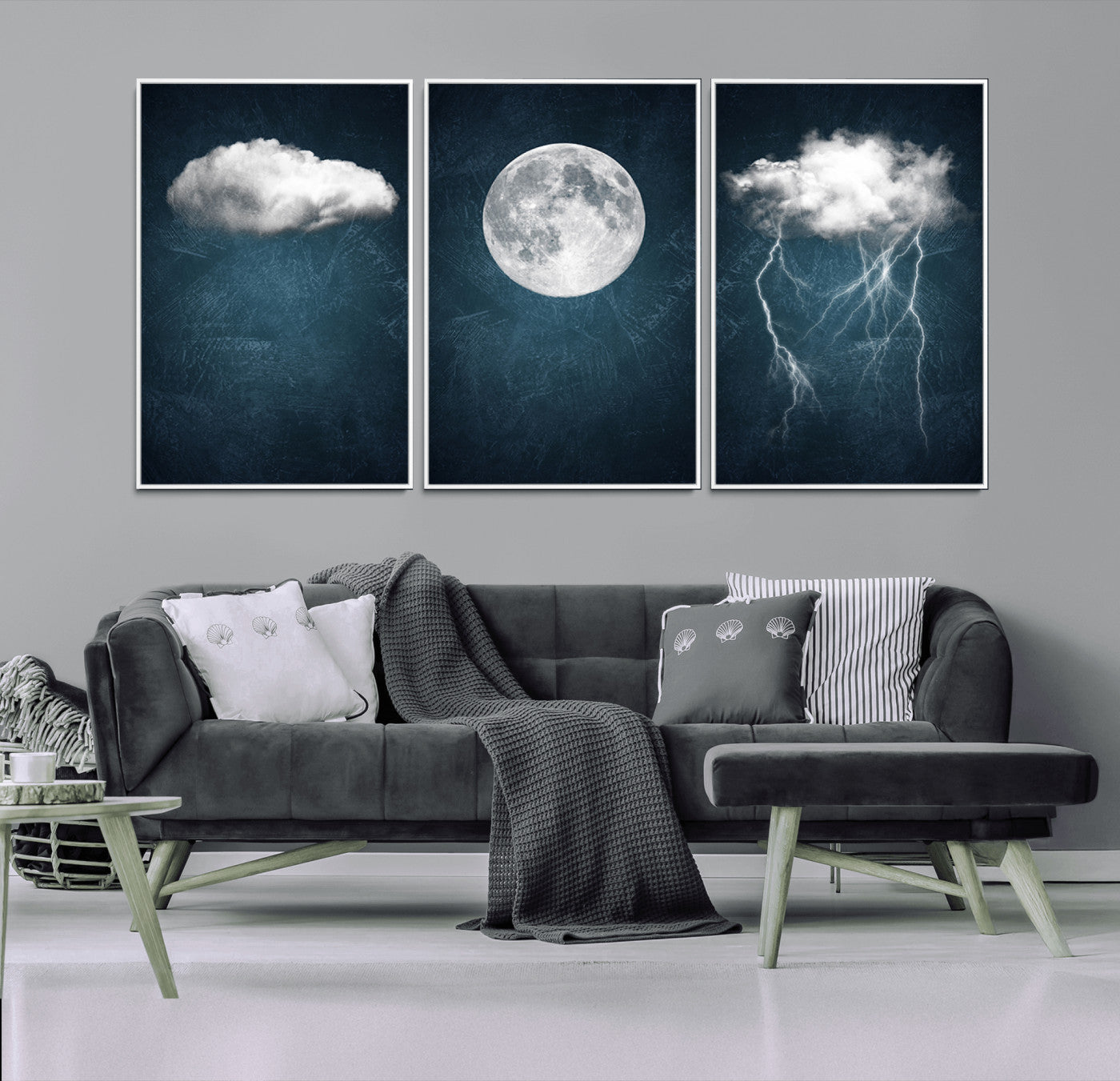 17673-MGV-FC-60X30-3P_White-3 Piece Indigo Cloud Wall Art, Thunderstorm Moon Cloud Artworks