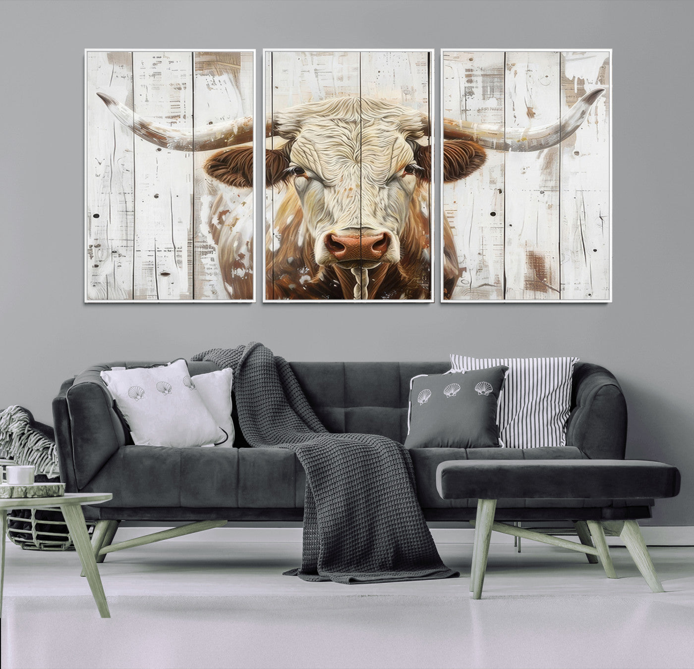 -Rustic Longhorn Bull Wall Art Canvas Set – Western-Inspired Farmhouse Décor - Ready to Hang