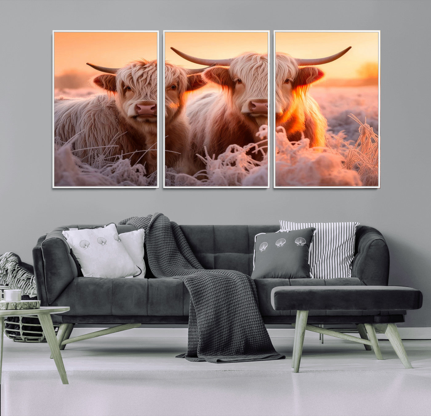 -Highland Cows at Sunrise Wall Art Canvas Set – Serene and Rustic Farmhouse Decor