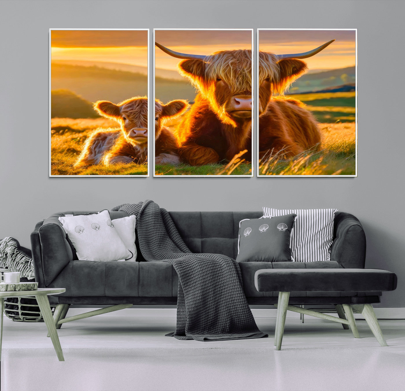 -Scottish Cow and Baby Cow Canvas Wall Art Animal Print Fluffy Cattle Framed Farmhouse Decor